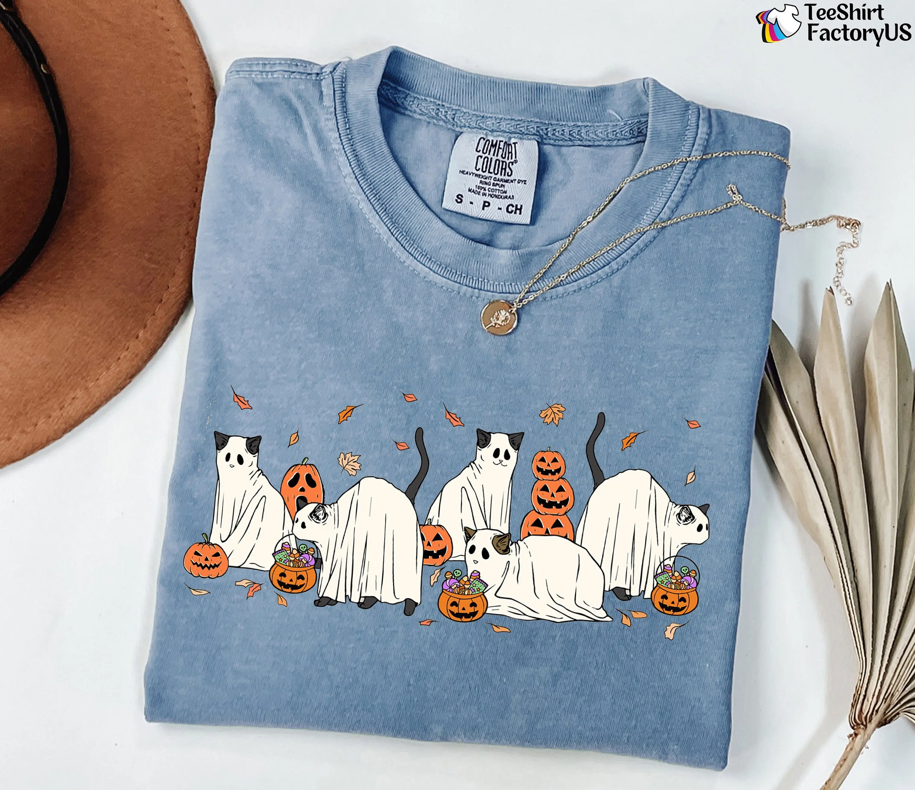 Comfort Colors Halloween Cat Shirt, Cute Ghost Black Kitty Graphic Tee, Funny Feline Lover Fall Gift - photo 4