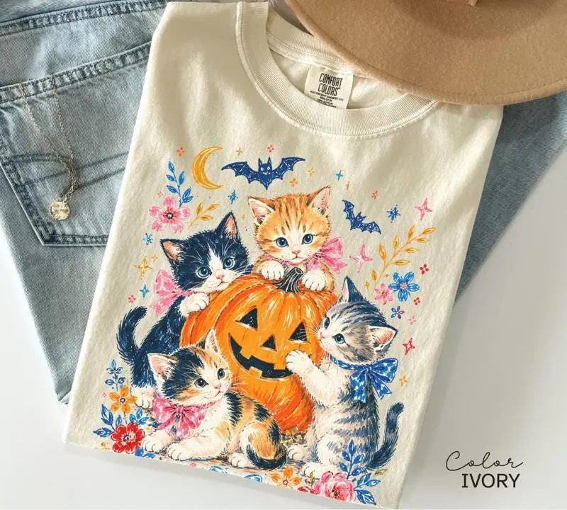 Comfort Colors Halloween Cat T-Shirt, Pumpkin Jack O Lantern Graphic Tee, Fall Seasonal Cat Lover Gift