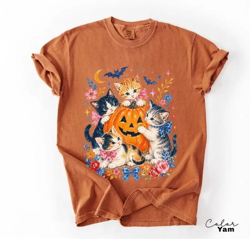 Comfort Colors Halloween Cat T-Shirt, Pumpkin Jack O Lantern Graphic Tee, Fall Seasonal Cat Lover Gift - photo 2