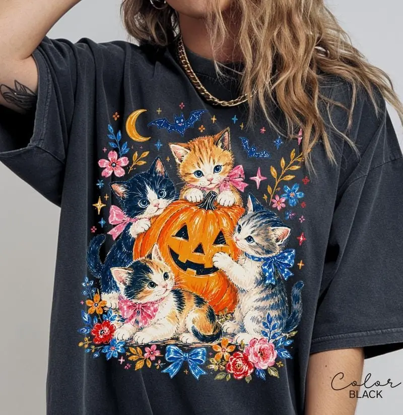 Comfort Colors Halloween Cat T-Shirt, Pumpkin Jack O Lantern Graphic Tee, Fall Seasonal Cat Lover Gift - photo 3