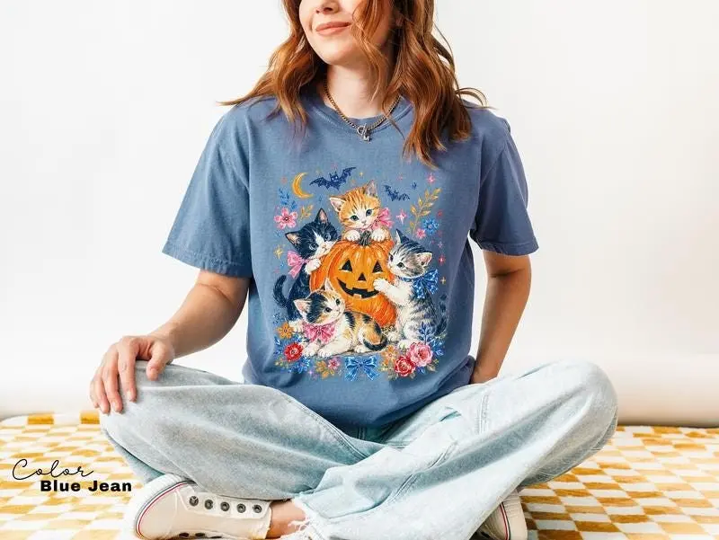 Comfort Colors Halloween Cat T-Shirt, Pumpkin Jack O Lantern Graphic Tee, Fall Seasonal Cat Lover Gift - photo 4