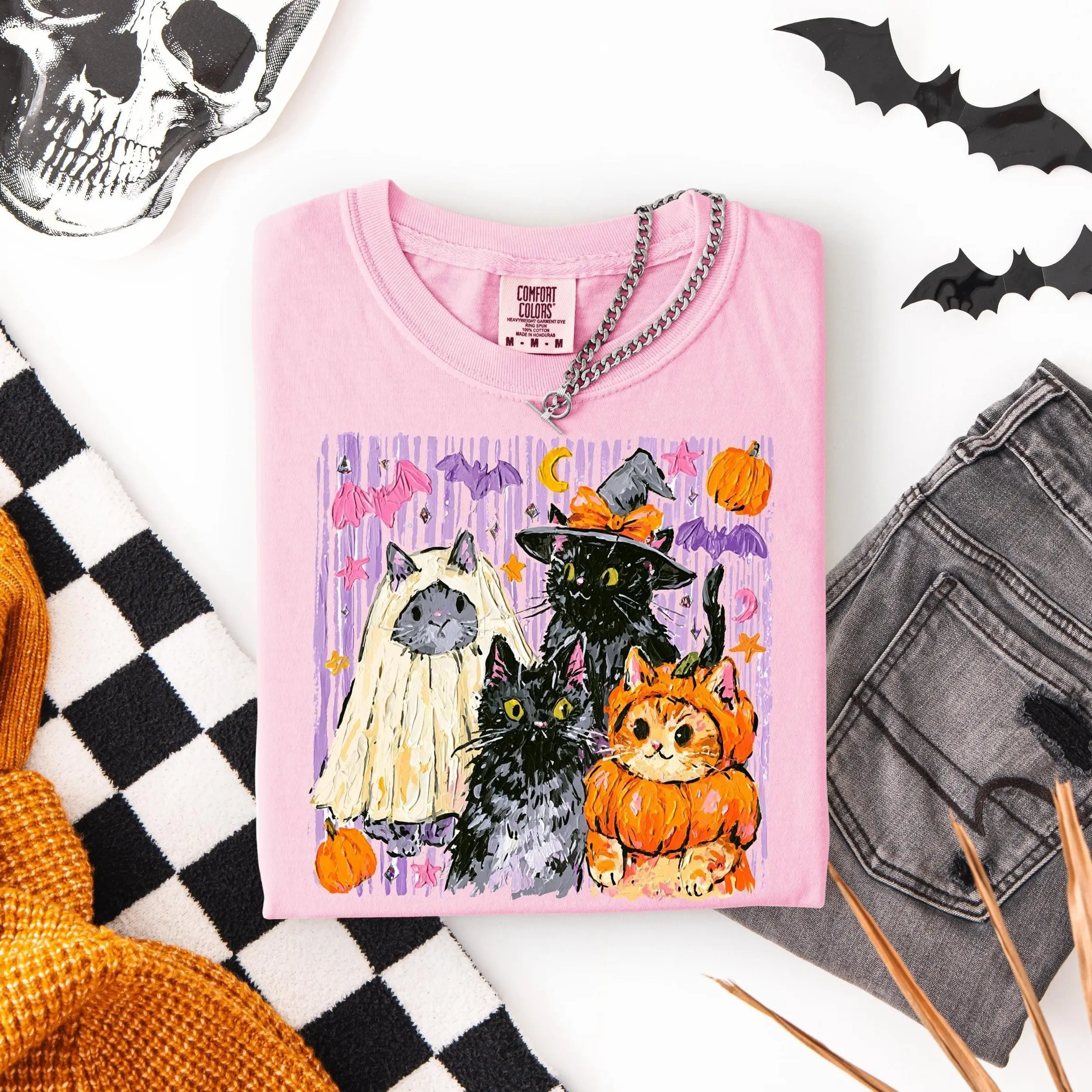 Comfort Colors Vintage Halloween Black Cat Shirt, Pumpkin Kitty Lover Mom Gift Graphic Tee - photo 3