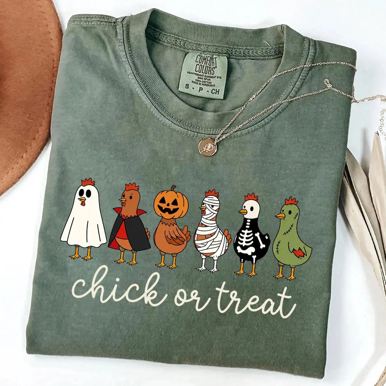 Comfort Colors Chick or Treat Halloween Shirt, Funny Ghost Chicken Graphic Tee, Farm Lover Gift