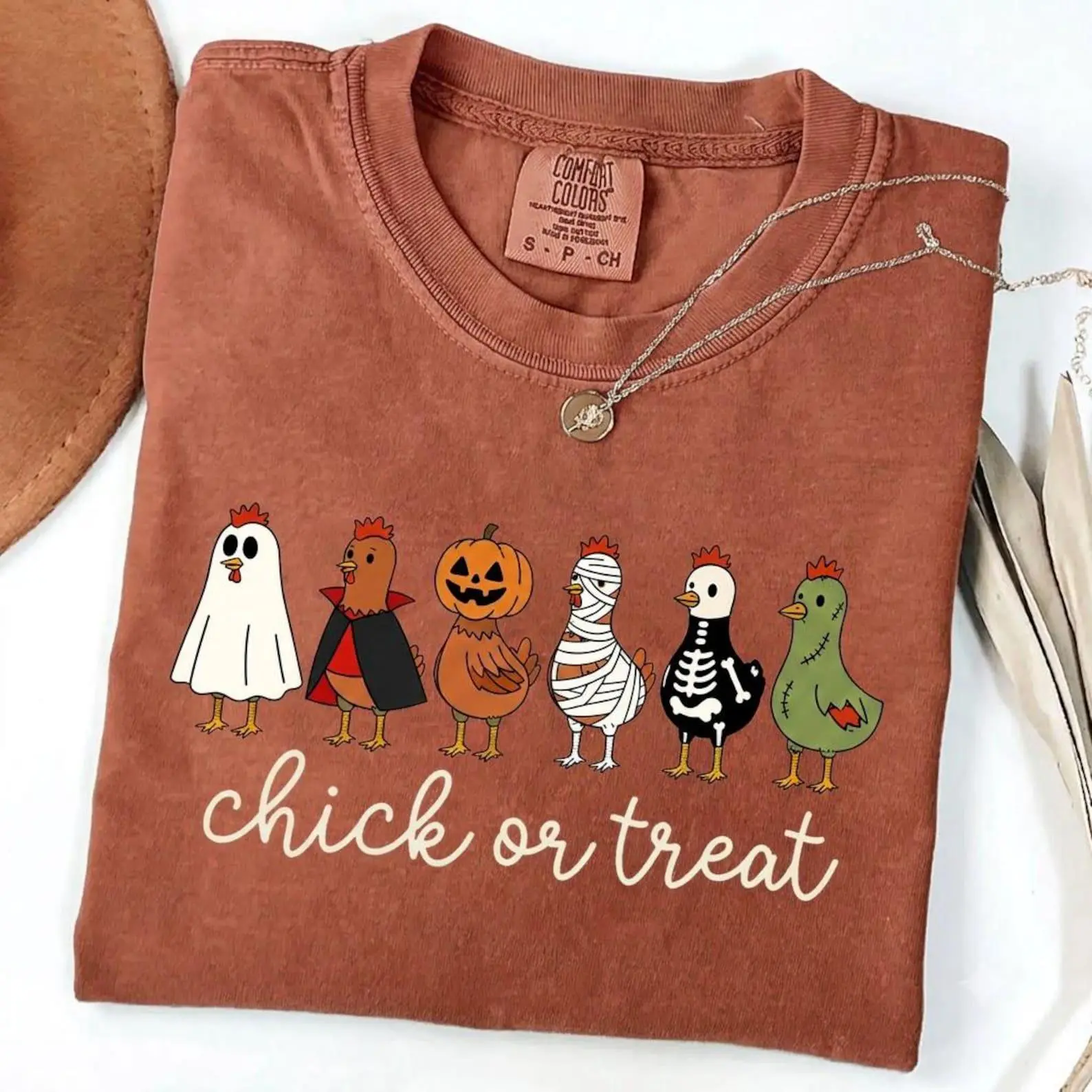 Comfort Colors Chick or Treat Halloween Shirt, Funny Ghost Chicken Graphic Tee, Farm Lover Gift - photo 3