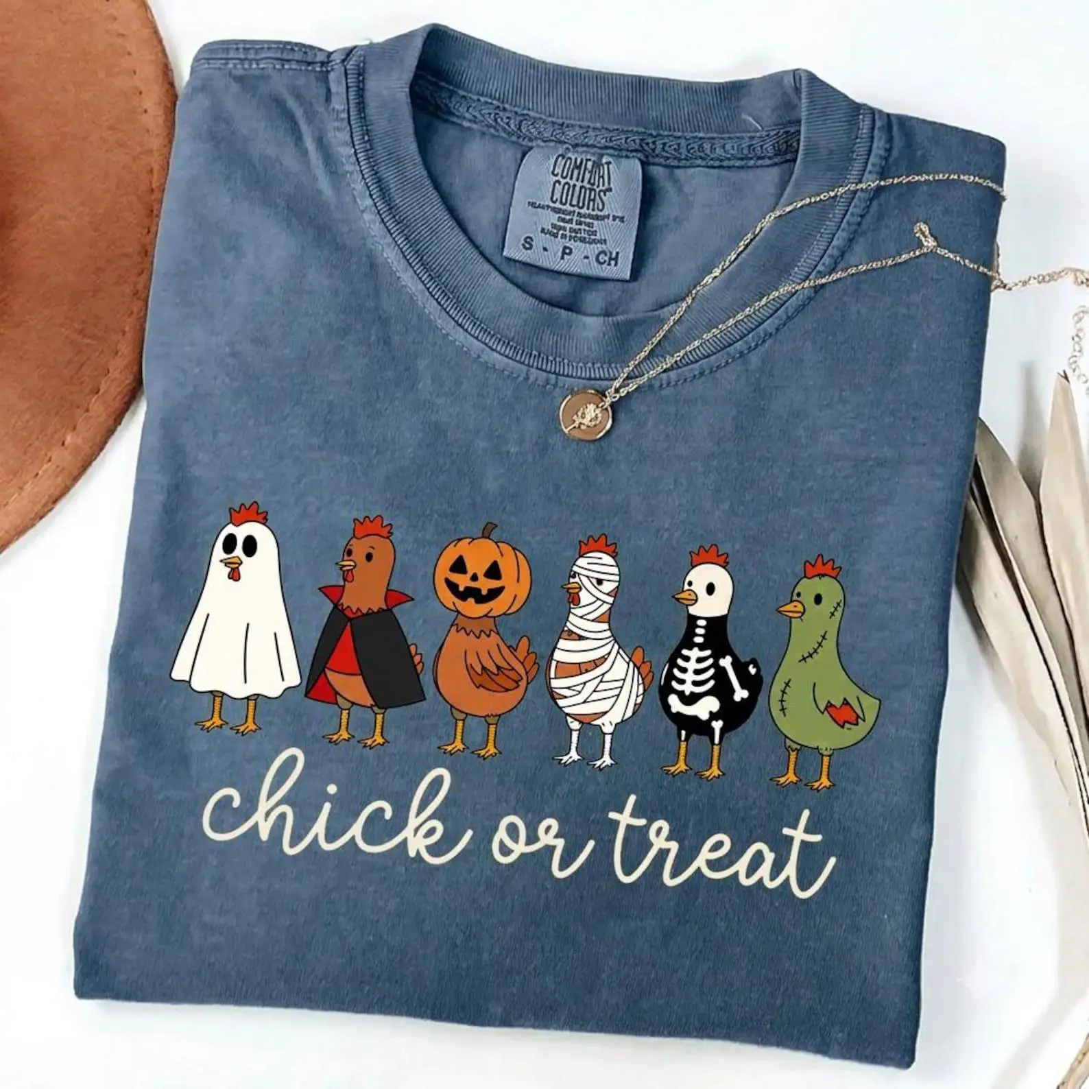 Comfort Colors Chick or Treat Halloween Shirt, Funny Ghost Chicken Graphic Tee, Farm Lover Gift - photo 4