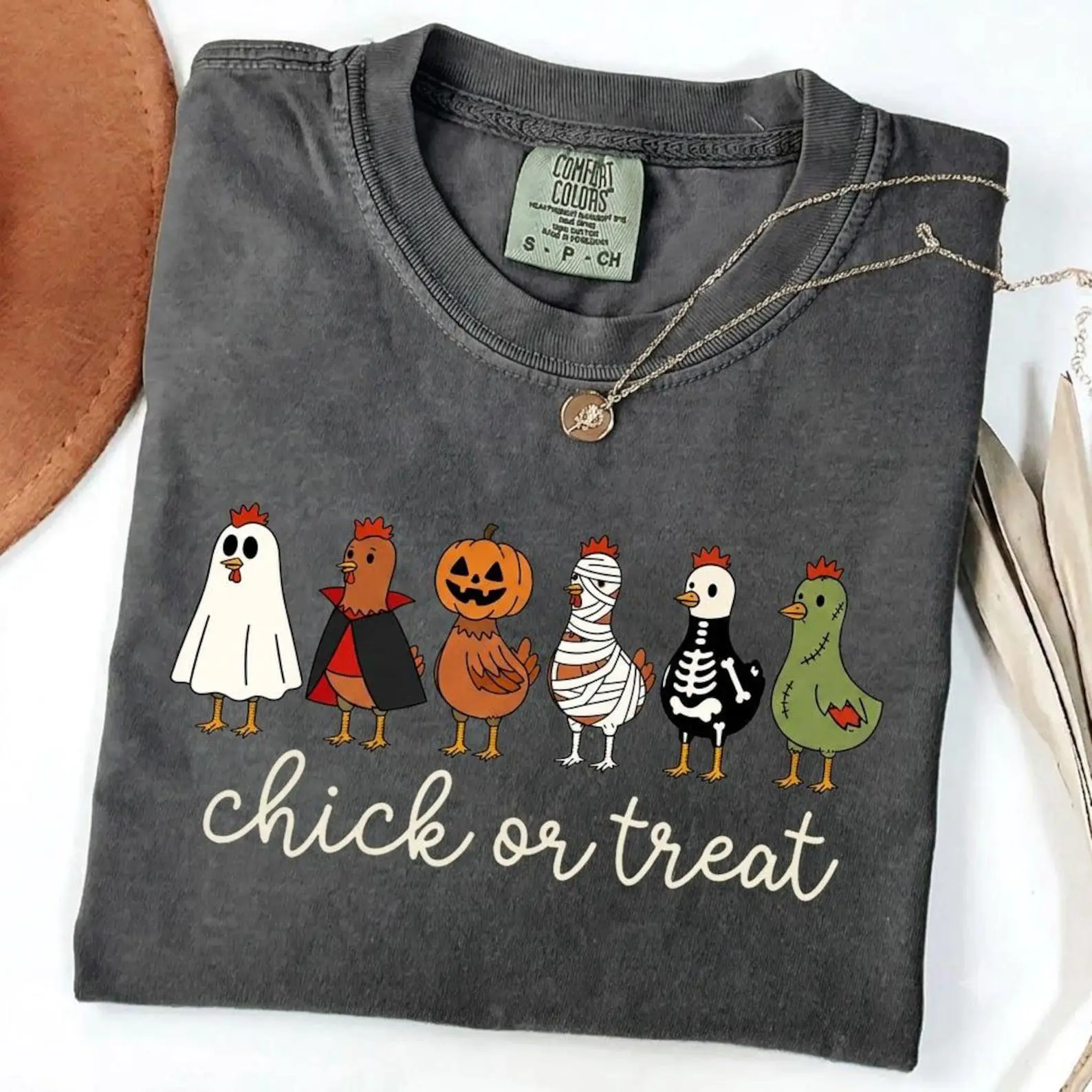 Comfort Colors Chick or Treat Halloween Shirt, Funny Ghost Chicken Graphic Tee, Farm Lover Gift - photo 5