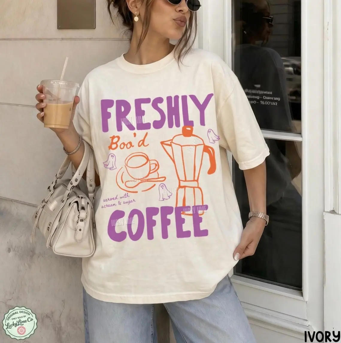 Comfort Colors Halloween Coffee Shirt, Freshly Boo'd Tee, Cute Ghost Skeleton Top, Spooky Season Latte Lover Gift