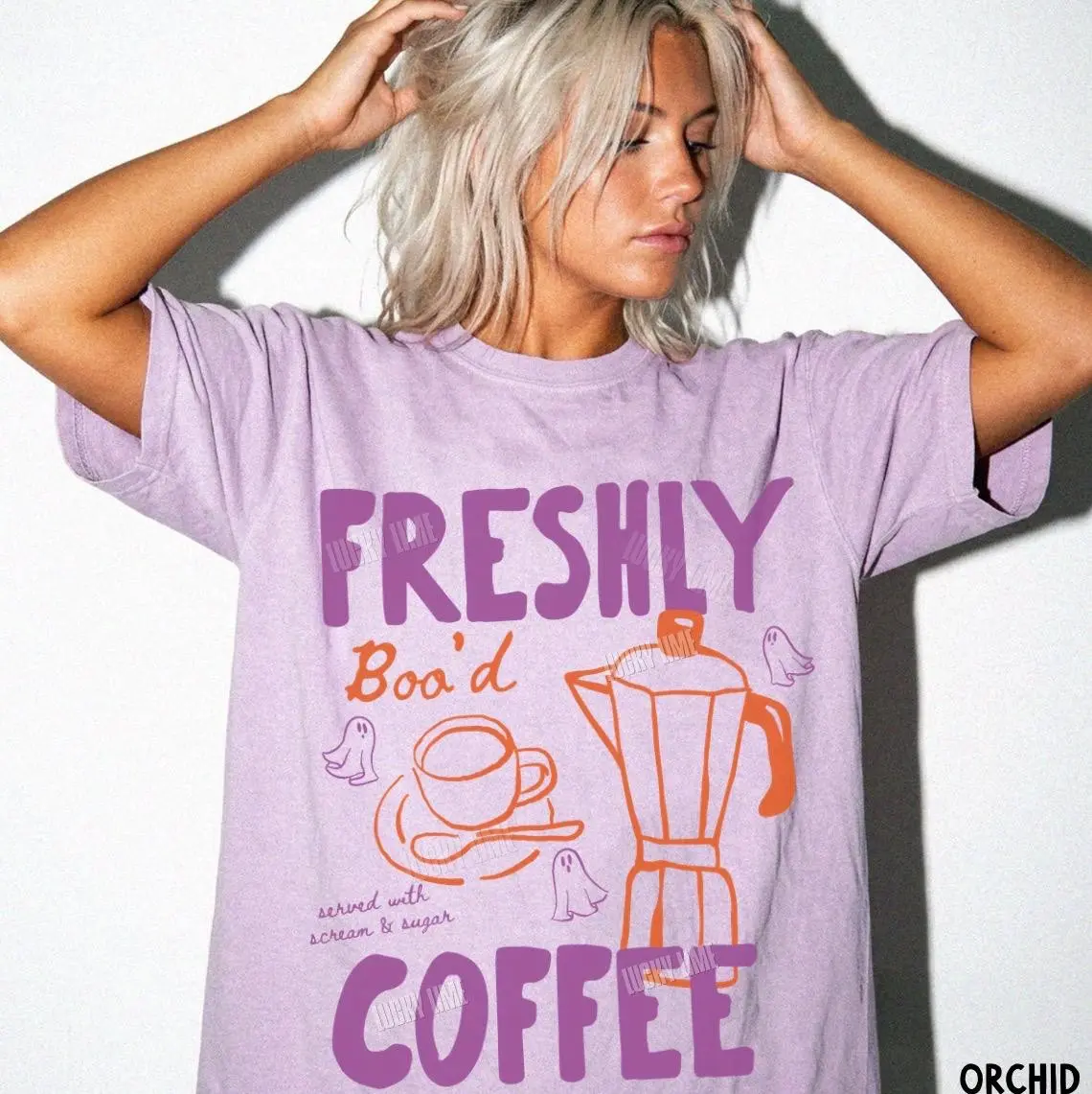 Comfort Colors Halloween Coffee Shirt, Freshly Boo'd Tee, Cute Ghost Skeleton Top, Spooky Season Latte Lover Gift - photo 2