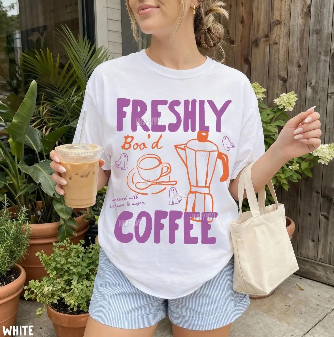 Comfort Colors Halloween Coffee Shirt, Freshly Boo'd Tee, Cute Ghost Skeleton Top, Spooky Season Latte Lover Gift - photo 3