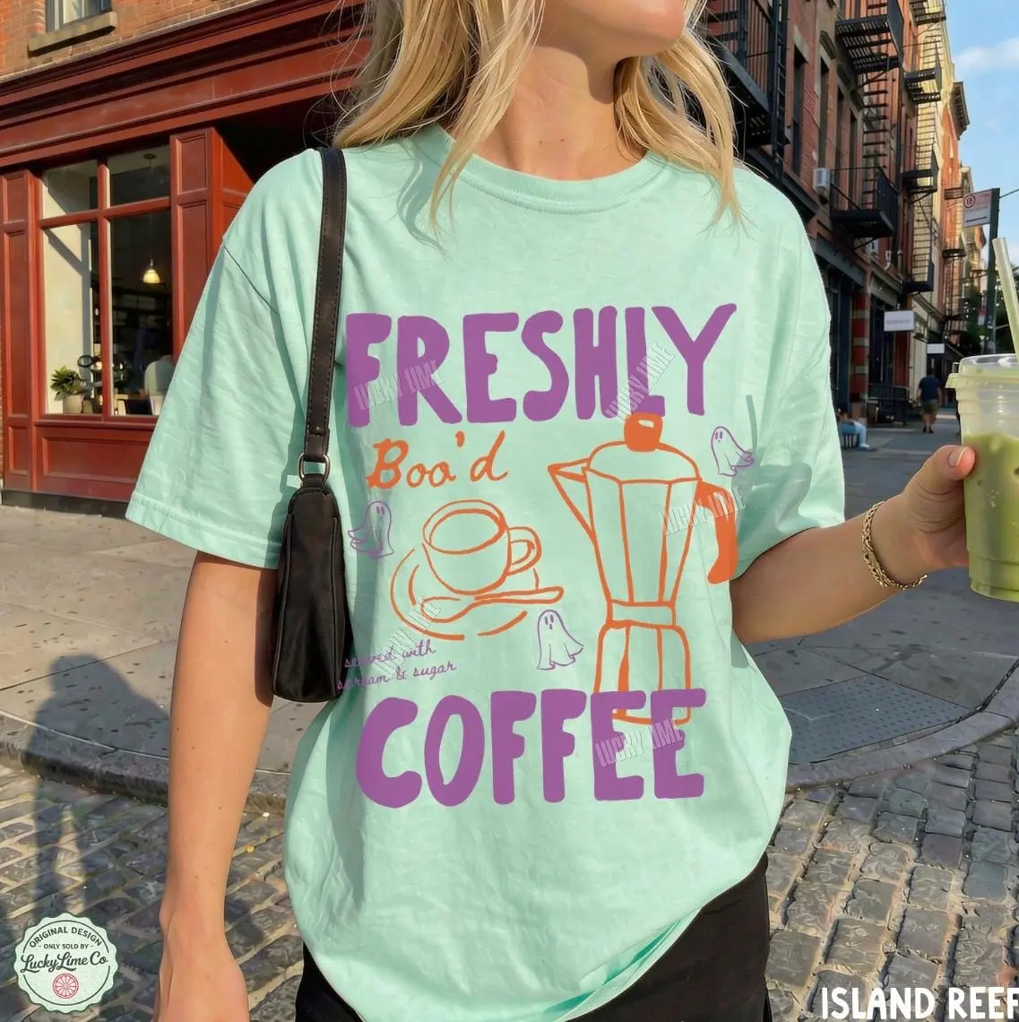Comfort Colors Halloween Coffee Shirt, Freshly Boo'd Tee, Cute Ghost Skeleton Top, Spooky Season Latte Lover Gift - photo 4