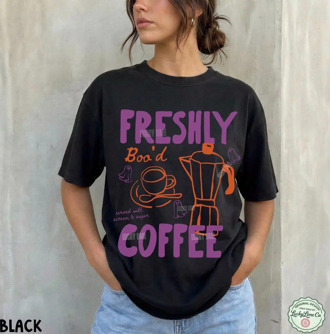 Comfort Colors Halloween Coffee Shirt, Freshly Boo'd Tee, Cute Ghost Skeleton Top, Spooky Season Latte Lover Gift - photo 5