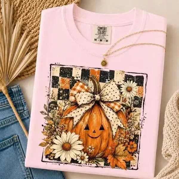 Comfort Colors Halloween Coquette Pumpkin Shirt, Jack O Lantern Bow Tee, Cute Floral Graphic Spooky Fall Top