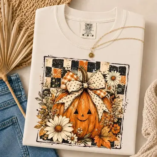 Comfort Colors Halloween Coquette Pumpkin Shirt, Jack O Lantern Bow Tee, Cute Floral Graphic Spooky Fall Top - photo 3