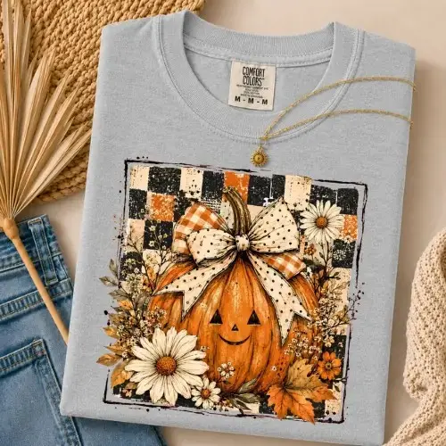 Comfort Colors Halloween Coquette Pumpkin Shirt, Jack O Lantern Bow Tee, Cute Floral Graphic Spooky Fall Top - photo 5