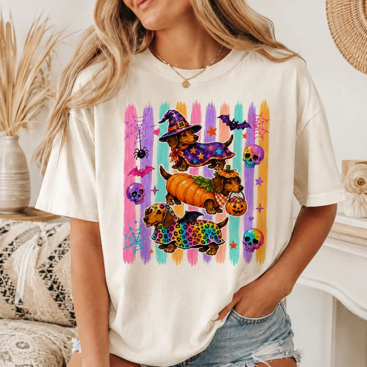 Comfort Colors Halloween Costume Dachshunds Witch Women Graphic Shirts Fall Party - photo 2