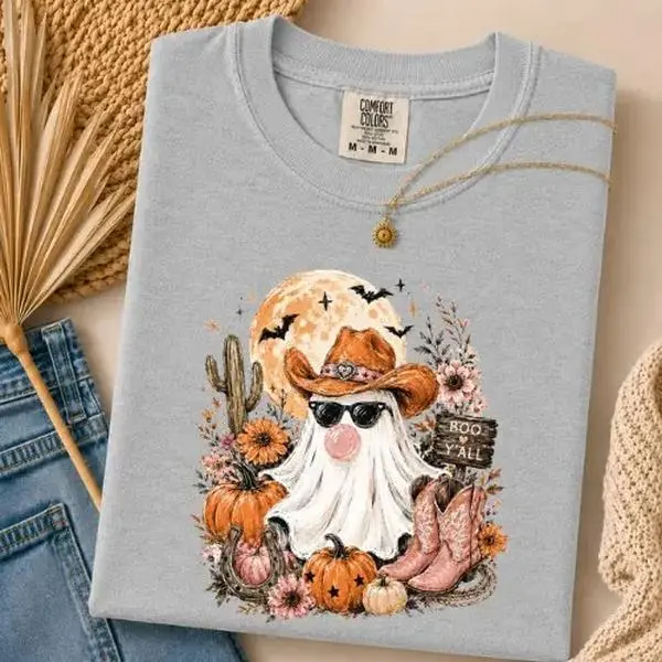 Comfort Colors Cowboy Ghost Halloween Shirt, Boo Y'all Western Pumpkin Cowgirl Boots Spooky Tee