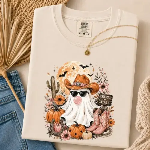 Comfort Colors Cowboy Ghost Halloween Shirt, Boo Y'all Western Pumpkin Cowgirl Boots Spooky Tee - photo 4