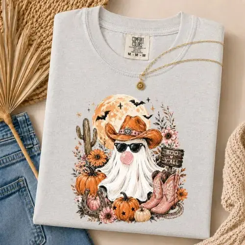Comfort Colors Cowboy Ghost Halloween Shirt, Boo Y'all Western Pumpkin Cowgirl Boots Spooky Tee - photo 5
