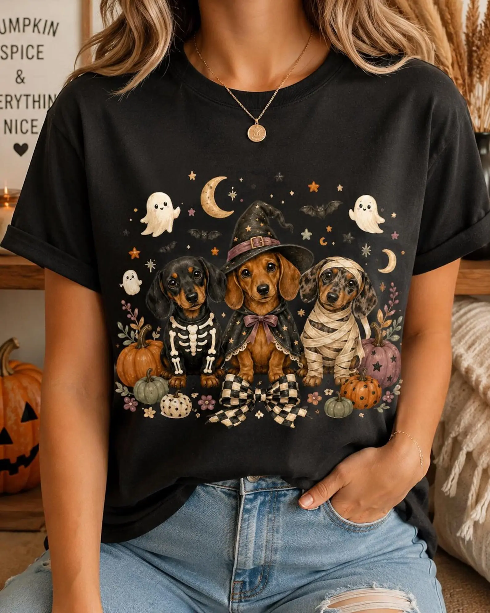 Comfort Colors Halloween Dachshund Shirt, Cute Wiener Dogs in Witch Skeleton Mummy Costumes, Spooky Fall Tee