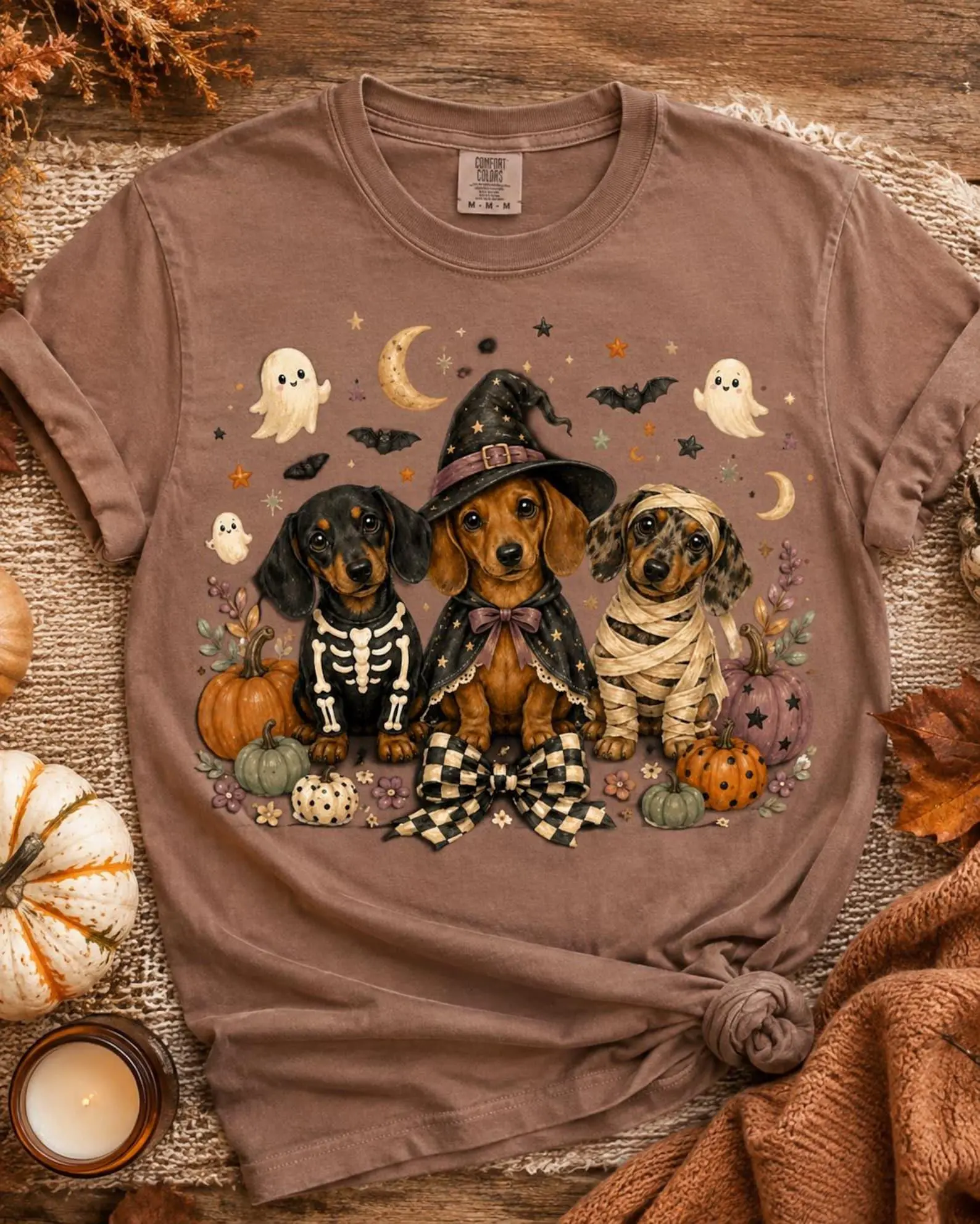 Comfort Colors Halloween Dachshund Shirt, Cute Wiener Dogs in Witch Skeleton Mummy Costumes, Spooky Fall Tee - photo 2