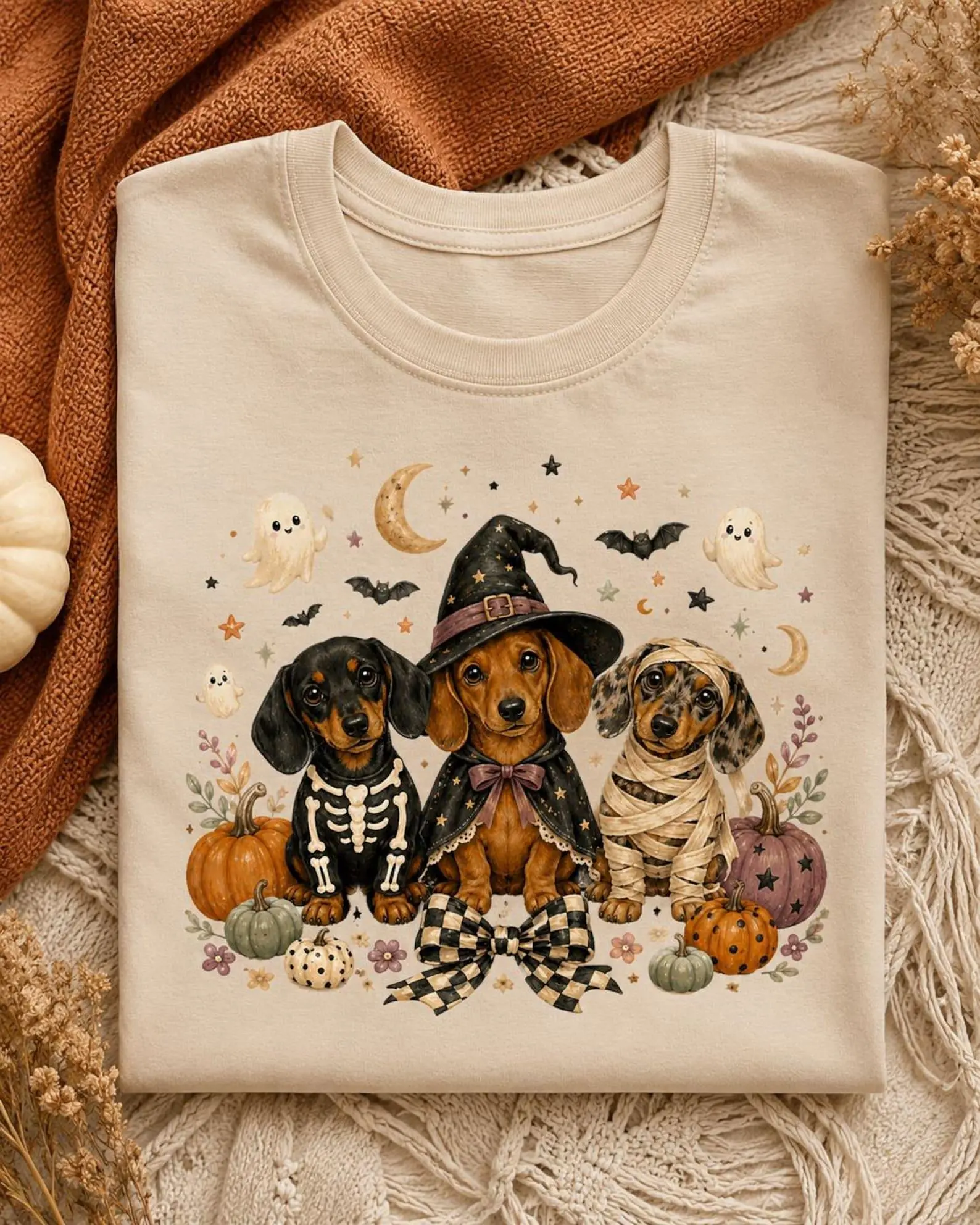 Comfort Colors Halloween Dachshund Shirt, Cute Wiener Dogs in Witch Skeleton Mummy Costumes, Spooky Fall Tee - photo 4