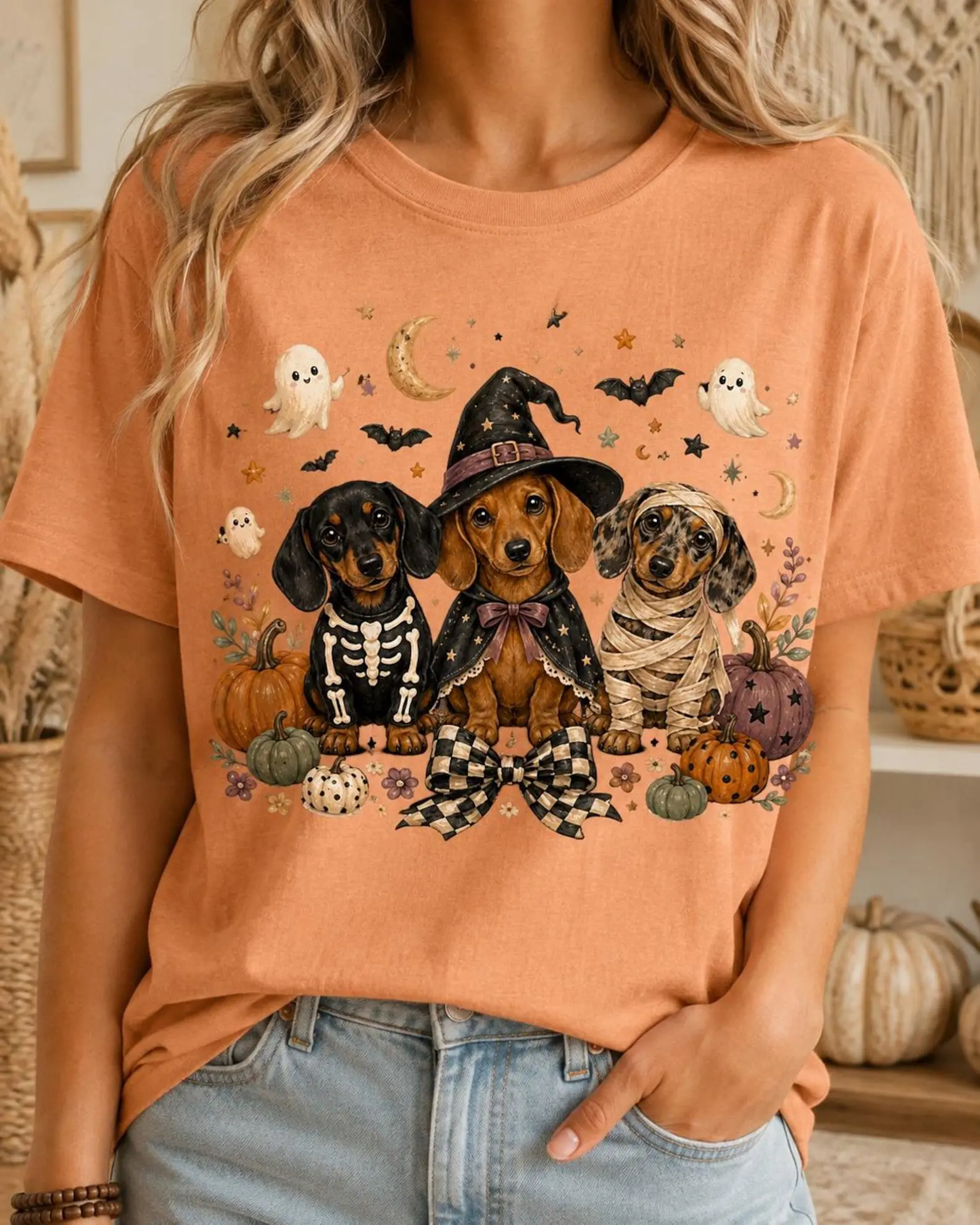 Comfort Colors Halloween Dachshund Sweatshirt, Cute Wiener Dogs in Witch Skeleton Mummy Costumes, Spooky Fall Crewneck - photo 3