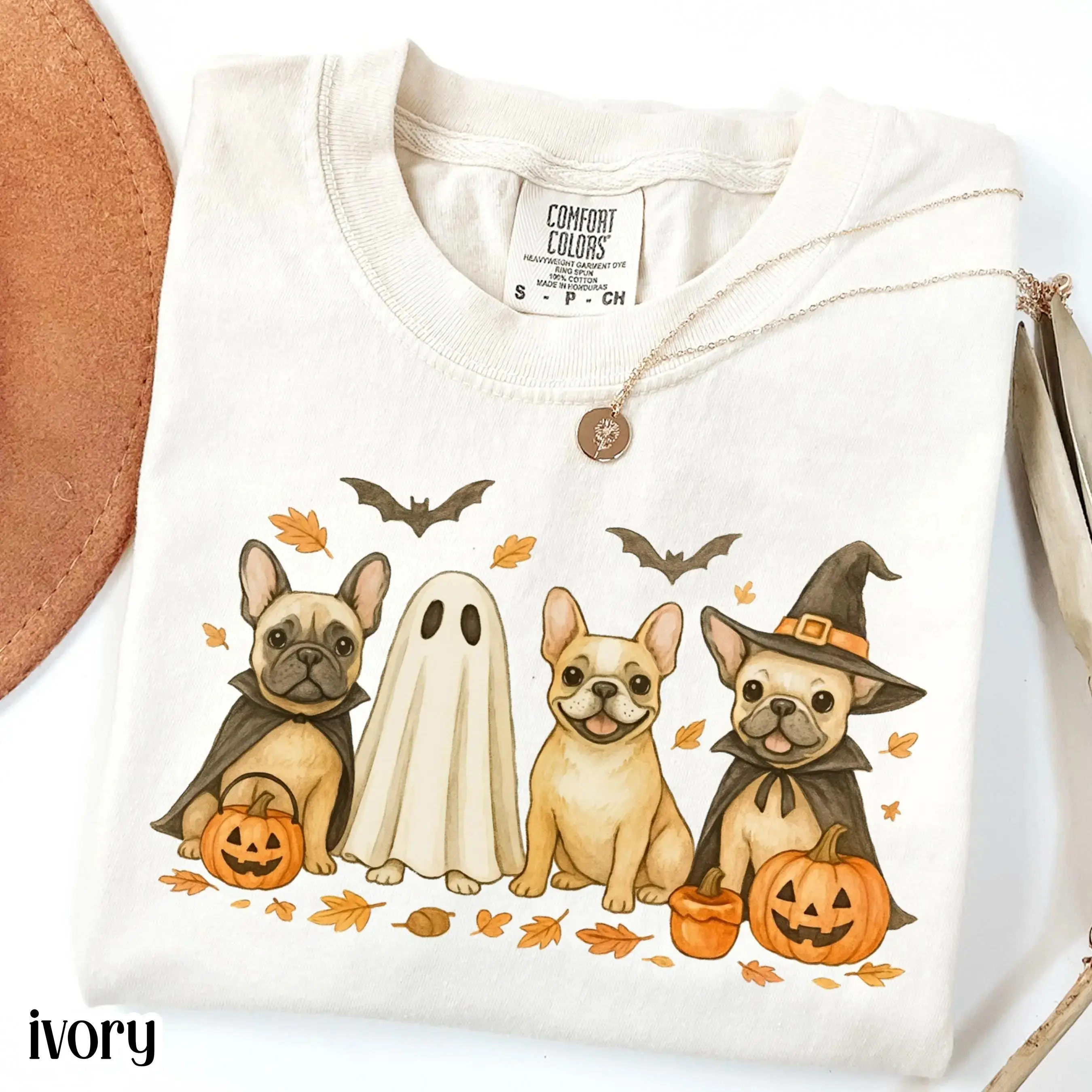 Comfort Colors Halloween Dog Shirt, Pumpkin French Bulldog Frenchie Ghost Jackolantern Spooky Fall Cute Bat Tee