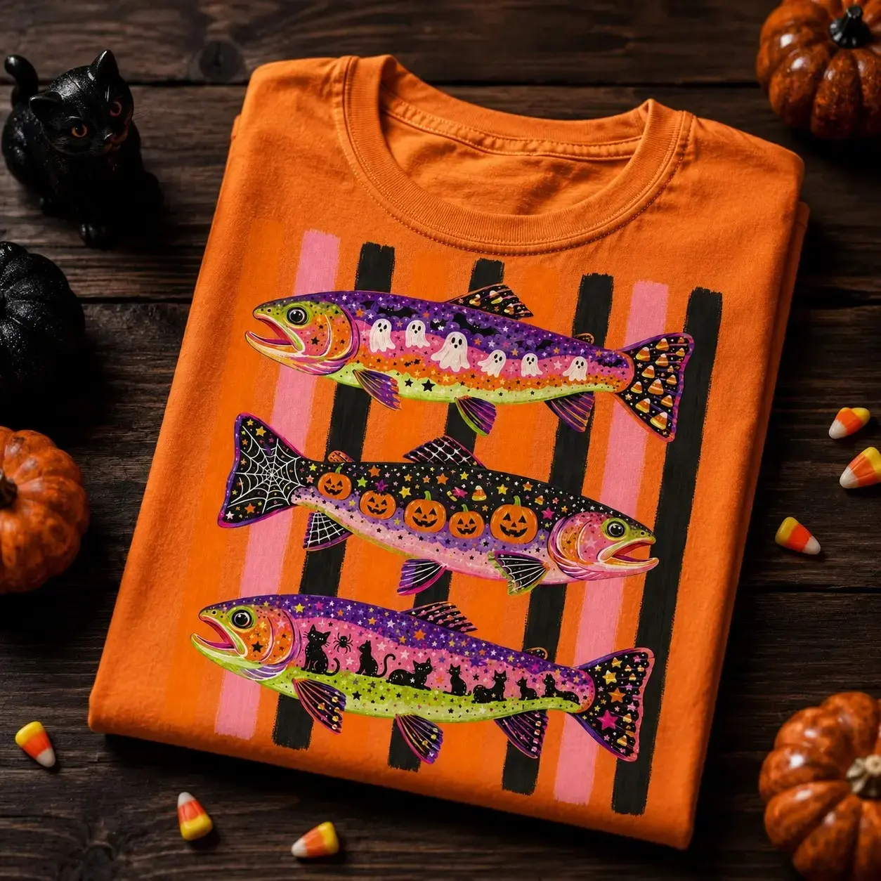 Comfort Colors Halloween Fish T-Shirt, Retro Fishing Spooky Season Fall Oversized Tee for Women