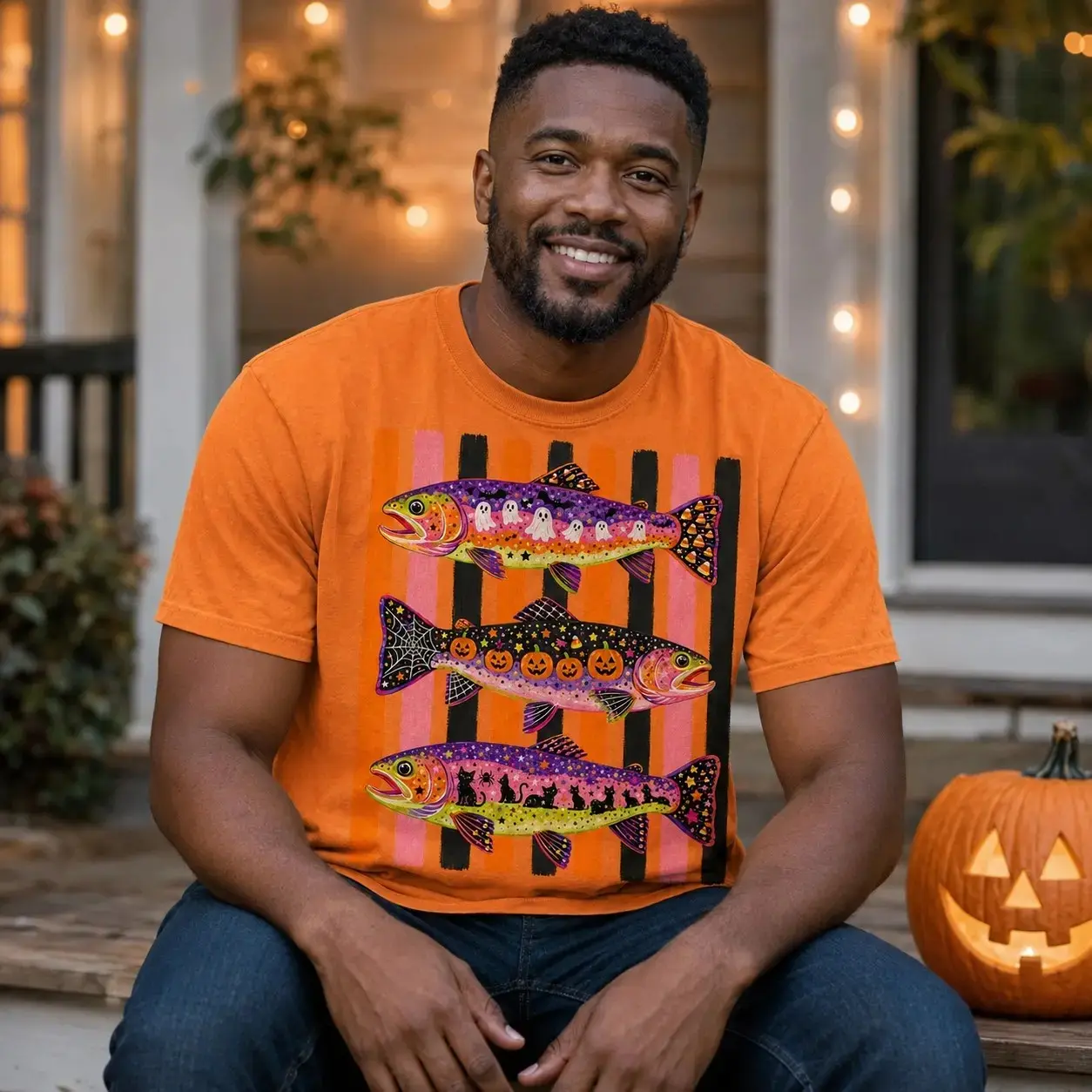 Comfort Colors Halloween Fish T-Shirt, Retro Fishing Spooky Season Fall Oversized Tee for Women - photo 5