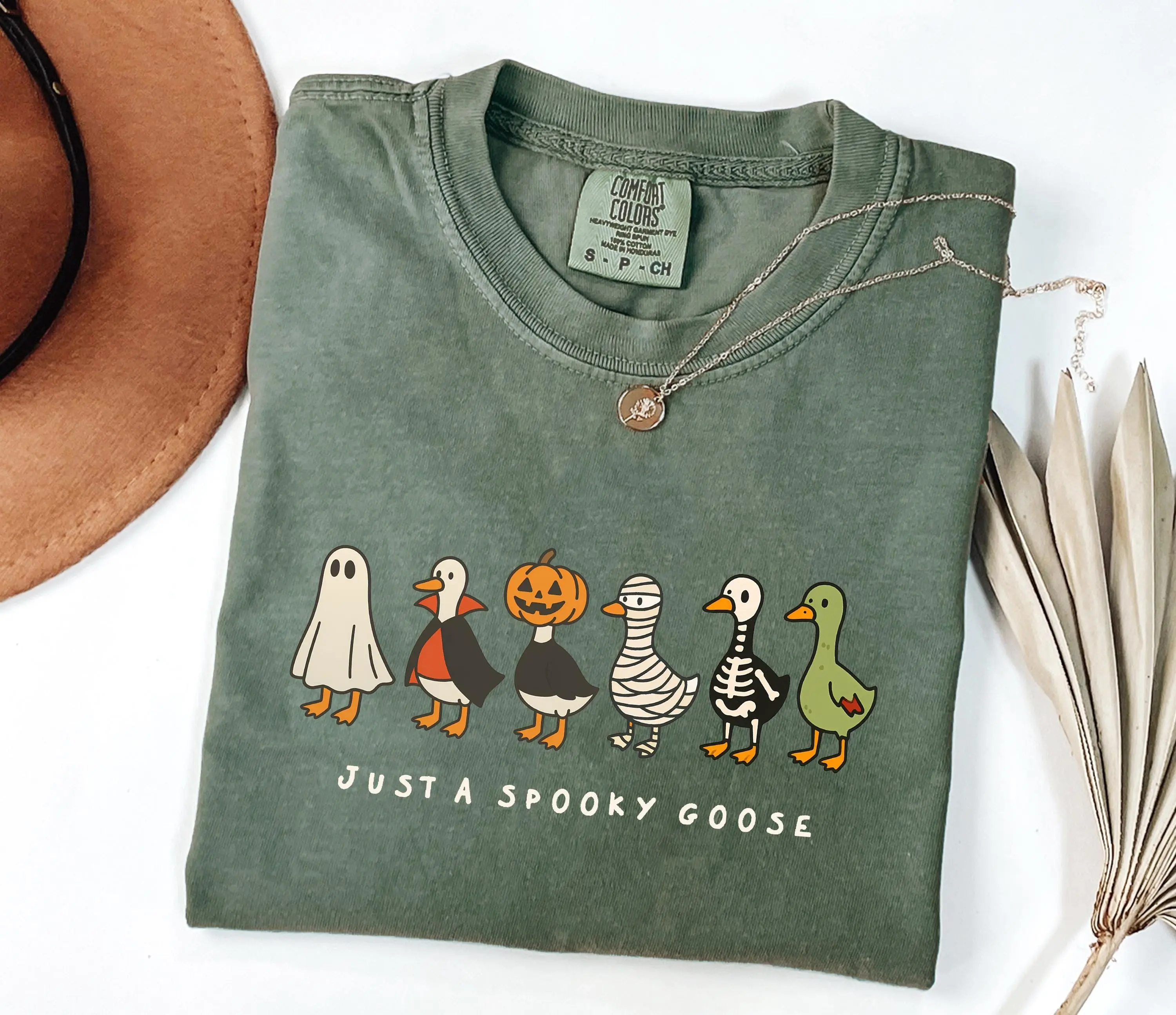 Comfort Colors Just a Spooky Goose Shirt, Funny Halloween Skeleton Season Graphic Tee
