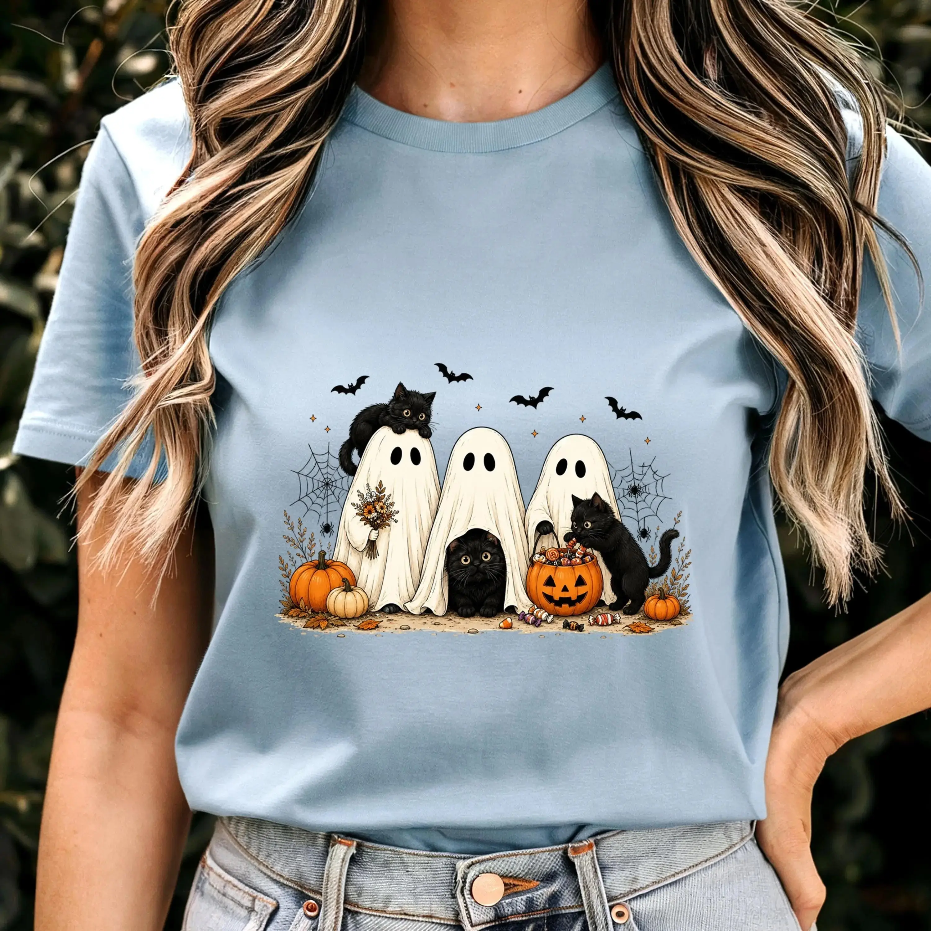 Comfort Colors Halloween Ghost and Black Cat Shirt for Women, Cute Fall Pumpkin Funny Spooky Season Tee