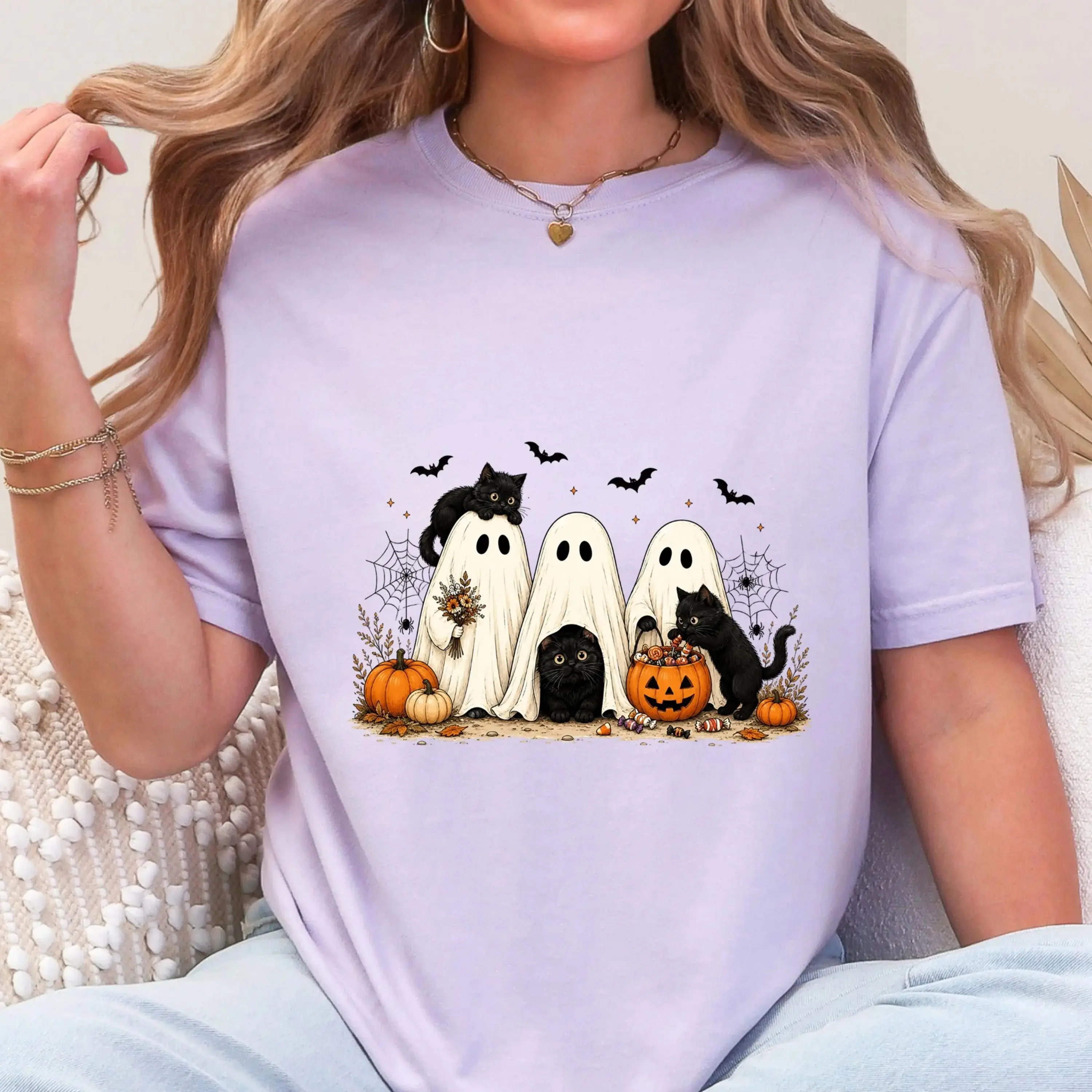 Comfort Colors Halloween Ghost and Black Cat Shirt for Women, Cute Fall Pumpkin Funny Spooky Season Tee - photo 5