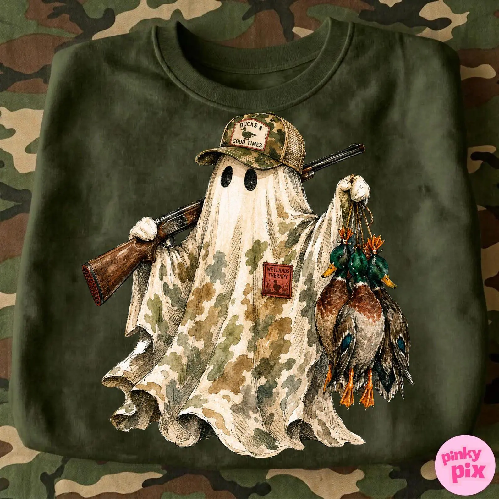 Comfort Colors Halloween Ghost Duck T-Shirt, Hunting Season Spooky Camo Mallards Design, Vintage Style Digital Download
