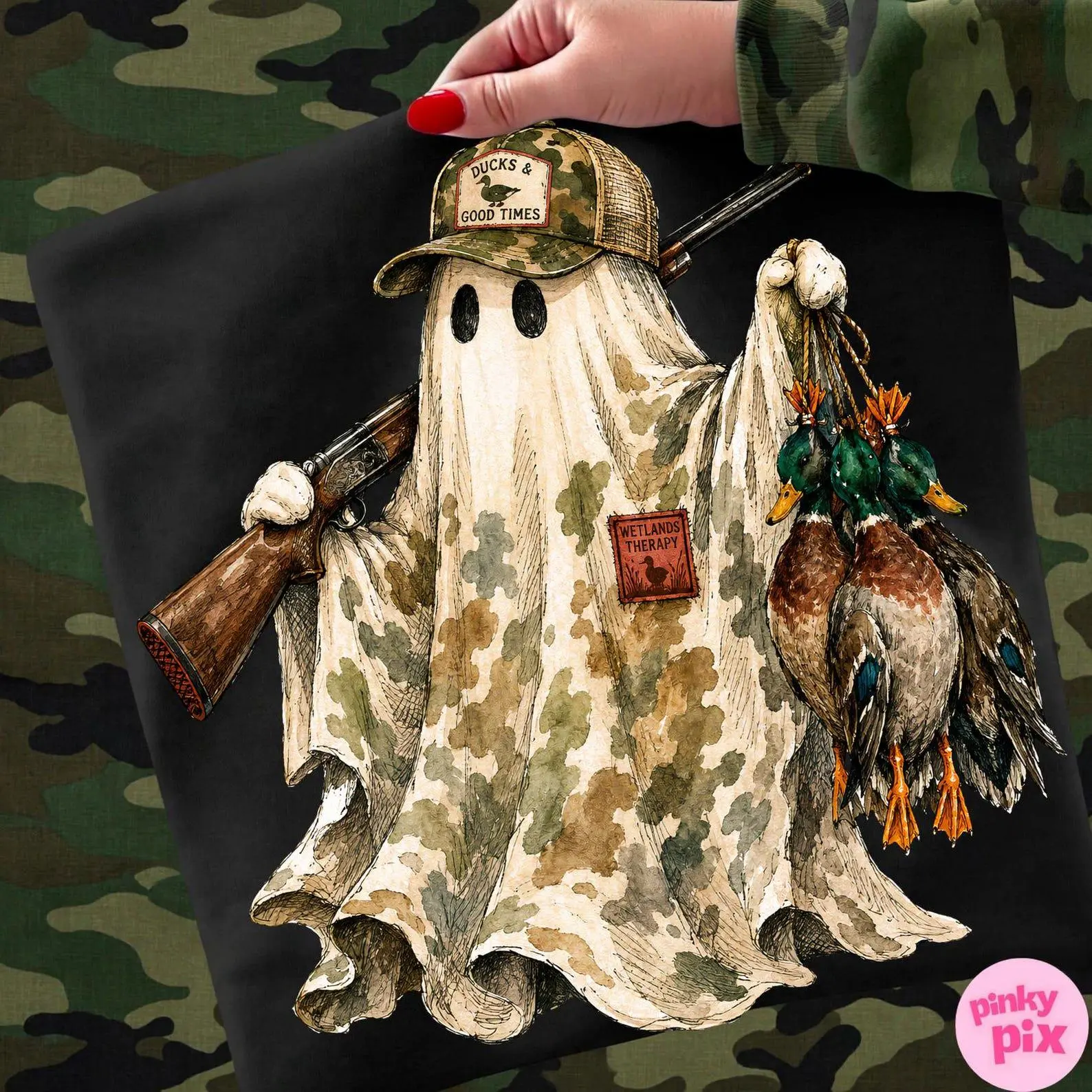 Comfort Colors Halloween Ghost Duck T-Shirt, Hunting Season Spooky Camo Mallards Design, Vintage Style Digital Download - photo 3