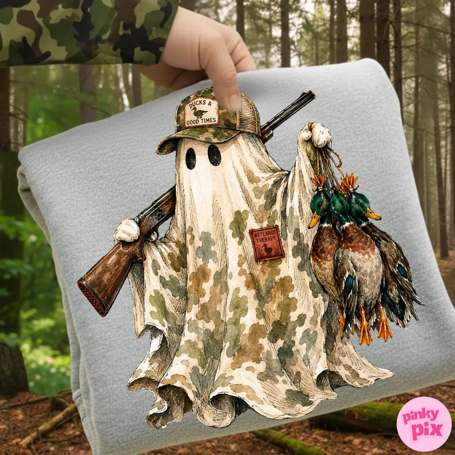 Comfort Colors Halloween Ghost Duck T-Shirt, Hunting Season Spooky Camo Mallards Design, Vintage Style Digital Download - photo 4