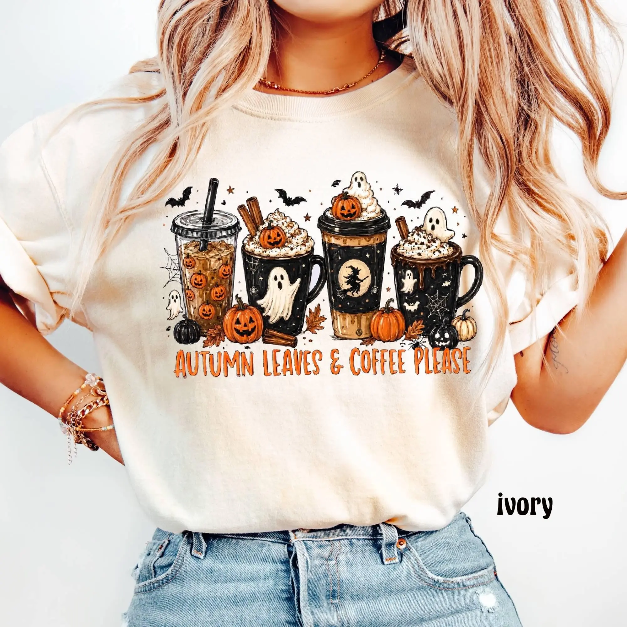 Comfort Colors Halloween Ghost Reading Shirt, Books Coffee Spooky Vibes Tee, Fall Book Lover Reader Graphic Top - photo 2