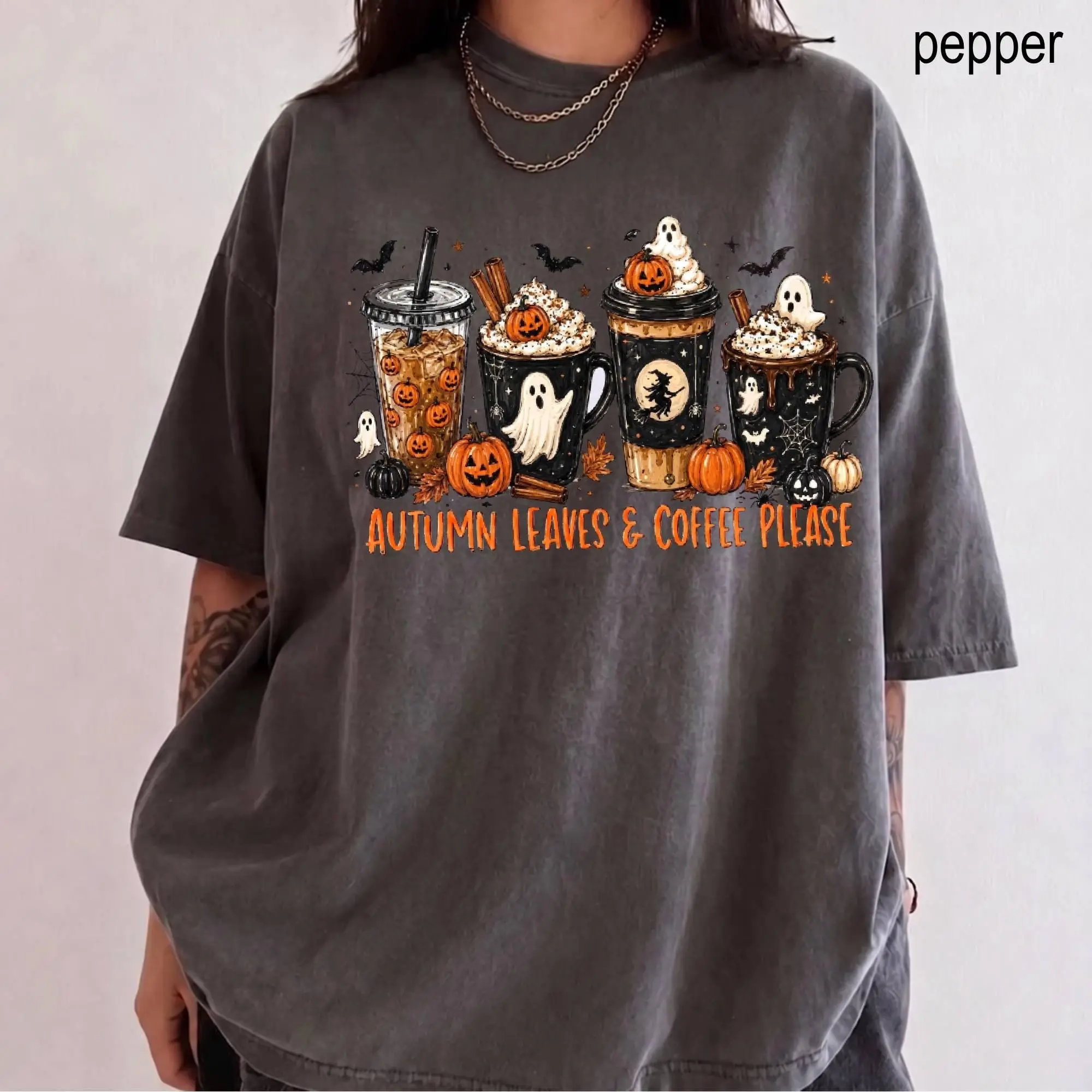 Comfort Colors Halloween Ghost Reading Shirt, Books Coffee Spooky Vibes Tee, Fall Book Lover Reader Graphic Top - photo 3