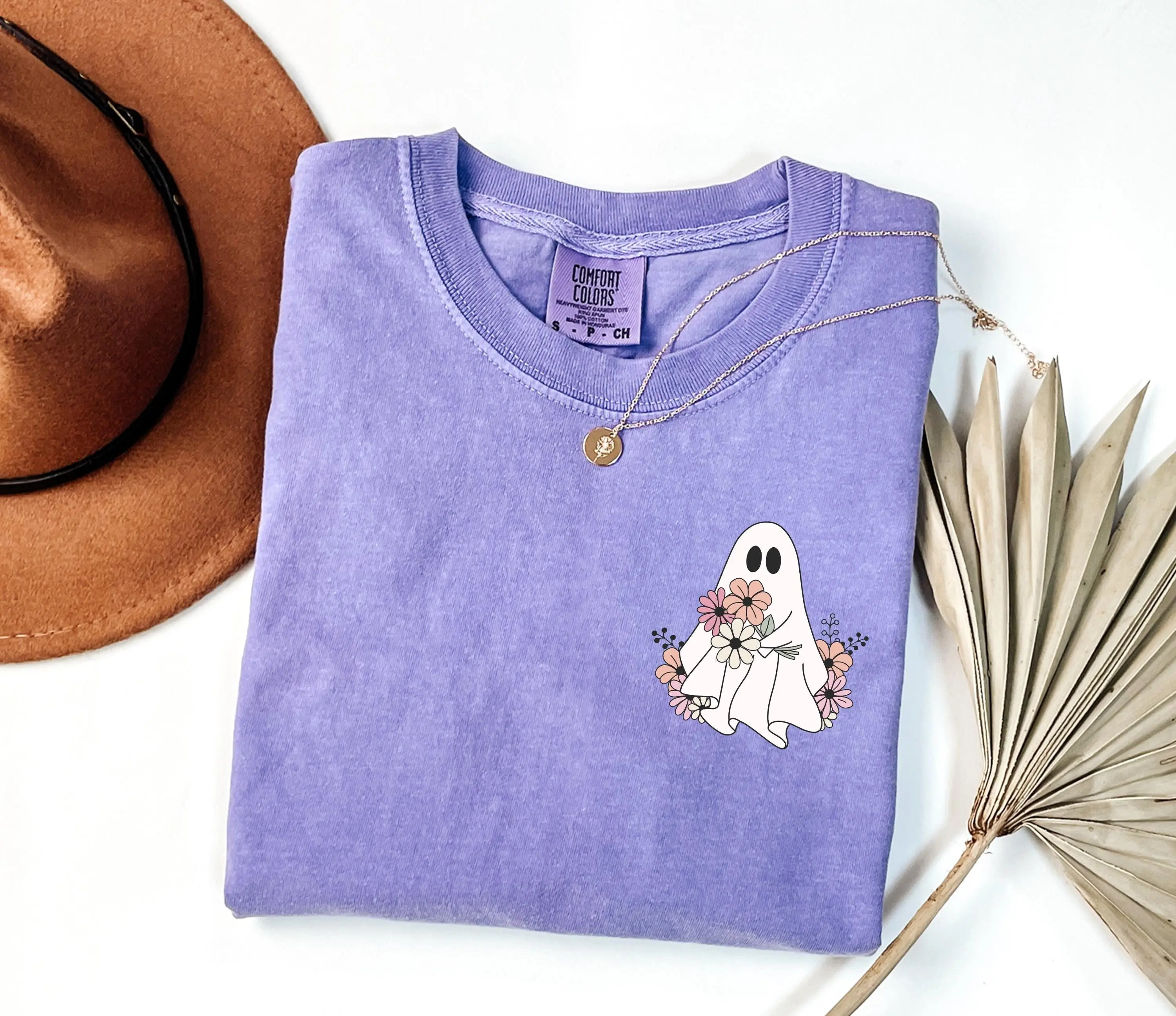 Comfort Colors Halloween Ghost Shirt, Floral Spooky Season Graphic Tee for Women