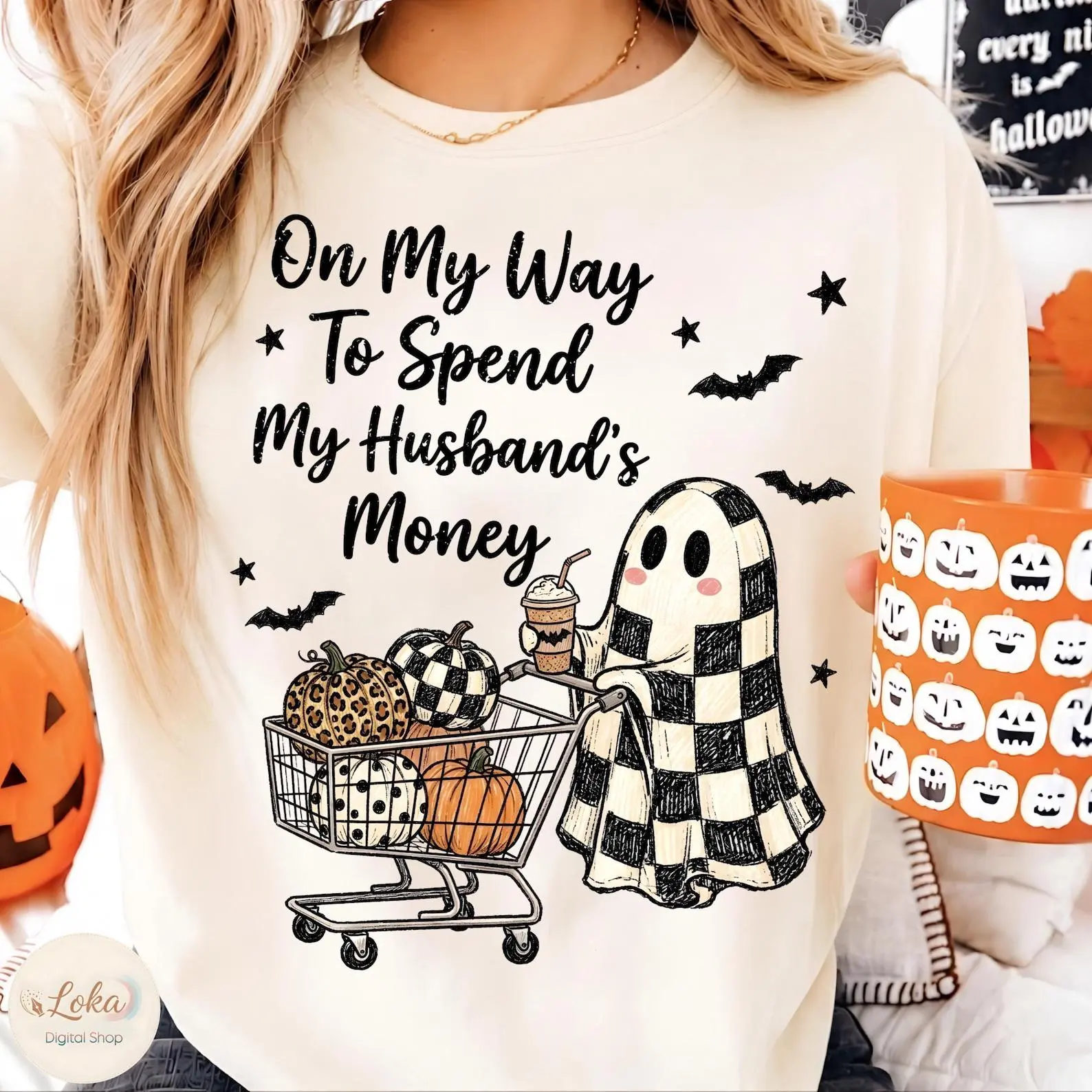Comfort Colors Halloween Ghost Shirt, On My Way To Spend My Husband's Money Tee, Checkered Leopard Polka Dot Pumpkin Top