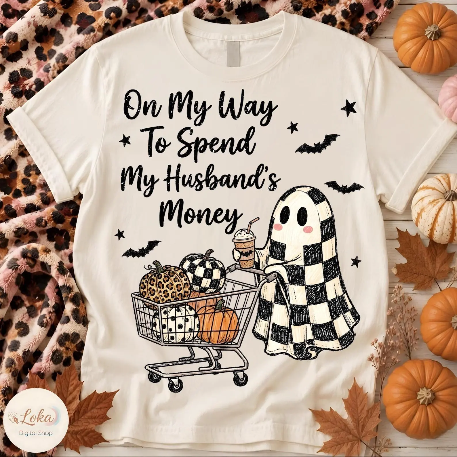 Comfort Colors Halloween Ghost Shirt, On My Way To Spend My Husband's Money Tee, Checkered Leopard Polka Dot Pumpkin Top - photo 2
