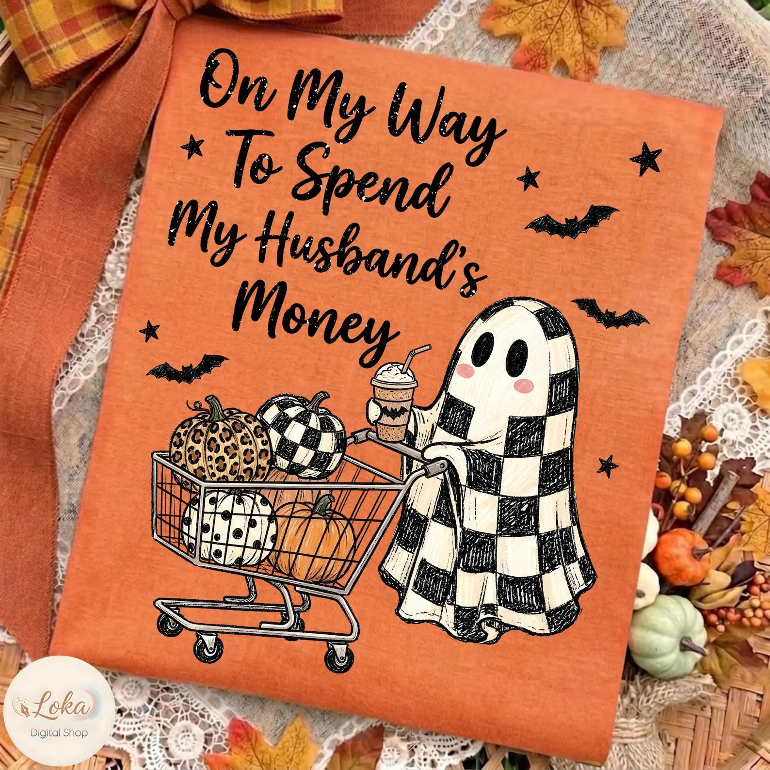 Comfort Colors Halloween Ghost Shirt, On My Way To Spend My Husband's Money Tee, Checkered Leopard Polka Dot Pumpkin Top - photo 3