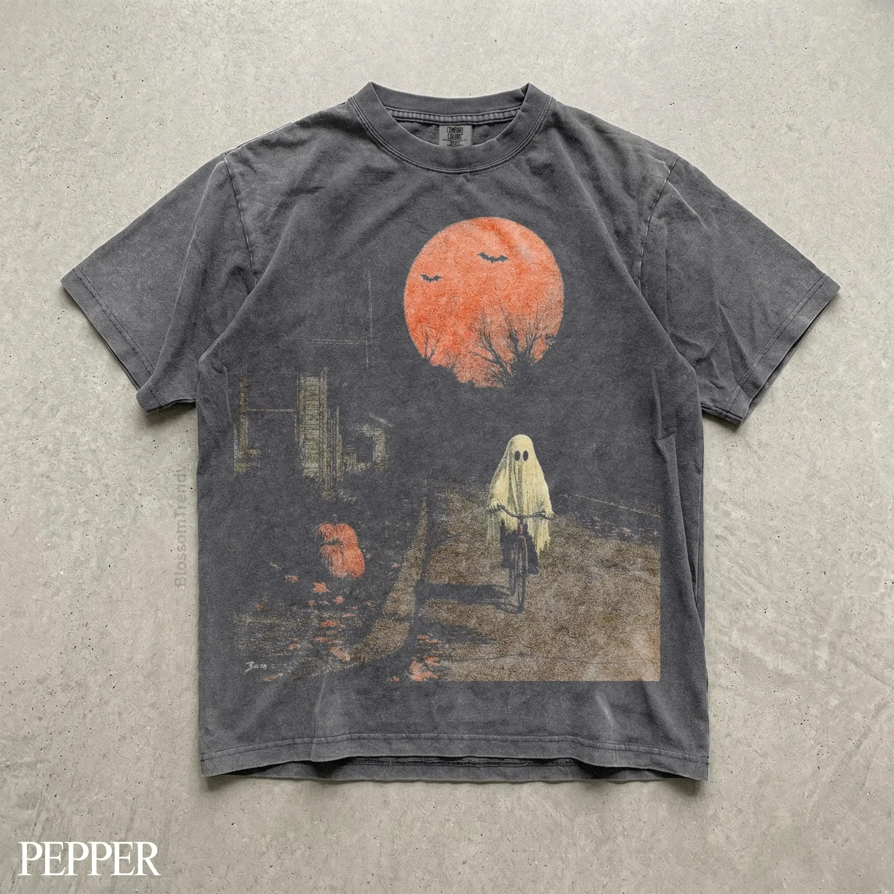 Comfort Colors Halloween Ghost Biking T-Shirt, Gothic Vintage Spooky Pumpkin Graphic Tee, Cyclist Gift - photo 2