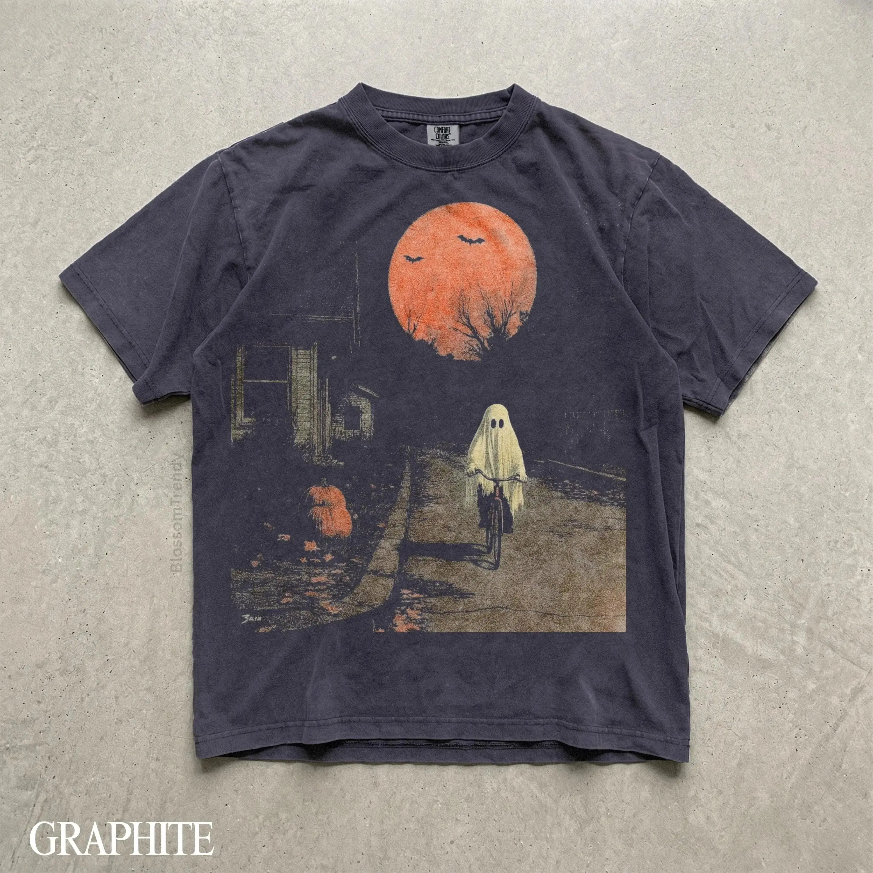Comfort Colors Halloween Ghost Biking T-Shirt, Gothic Vintage Spooky Pumpkin Graphic Tee, Cyclist Gift - photo 3