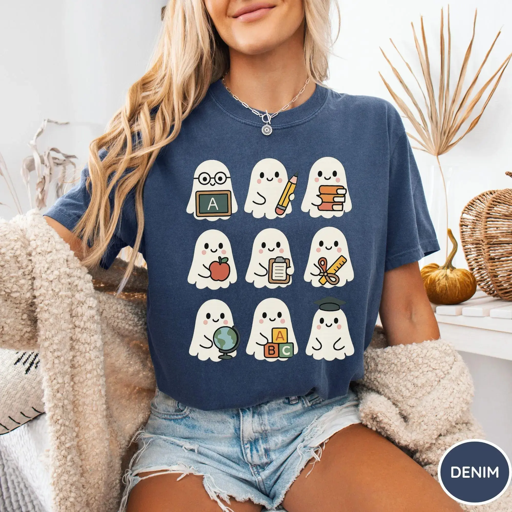 Comfort Colors Halloween Ghost Teacher Shirt, Cute Spooky Tee, Funny Fall Autumn Boo Crew Top for Women