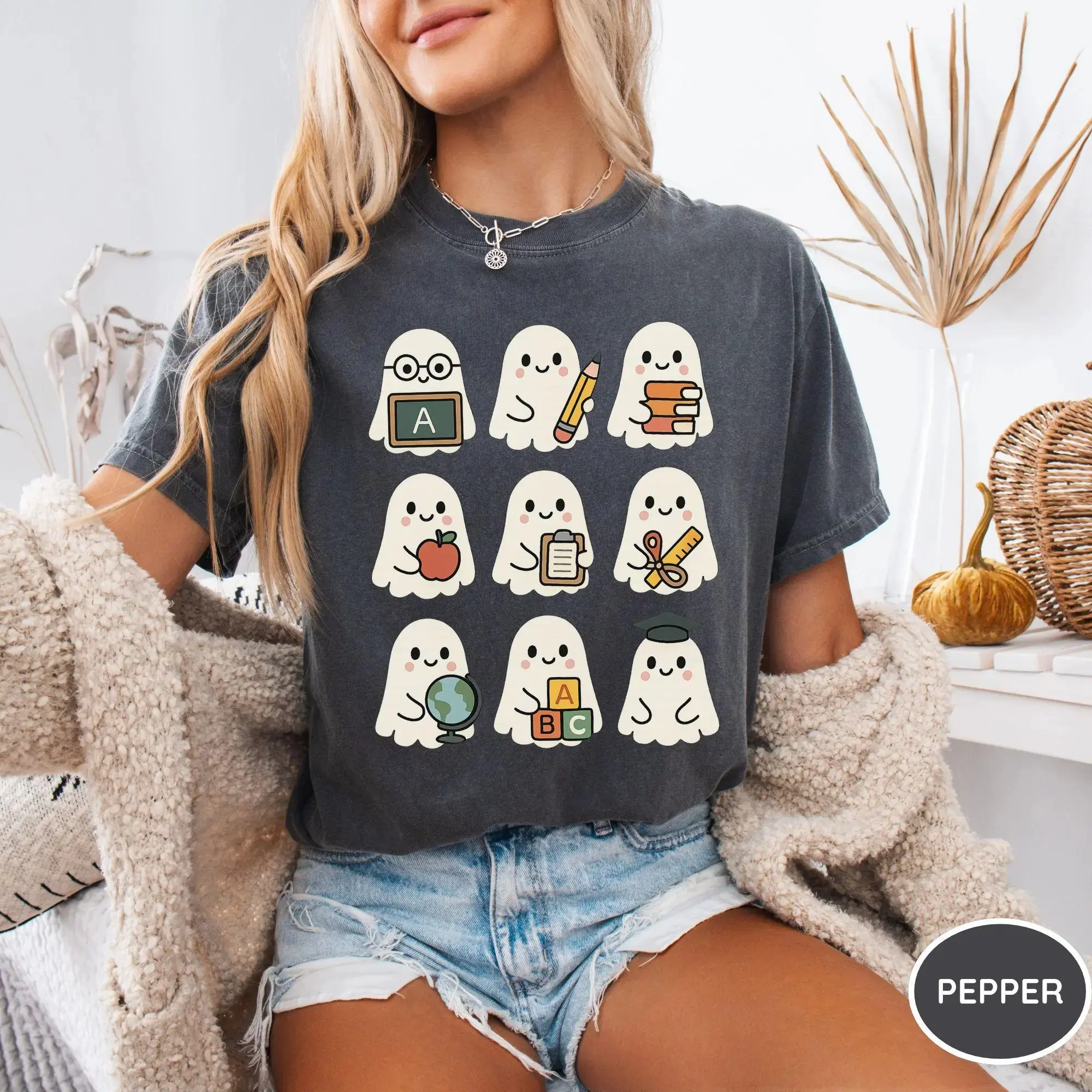 Comfort Colors Halloween Ghost Teacher Shirt, Cute Spooky Tee, Funny Fall Autumn Boo Crew Top for Women - photo 4
