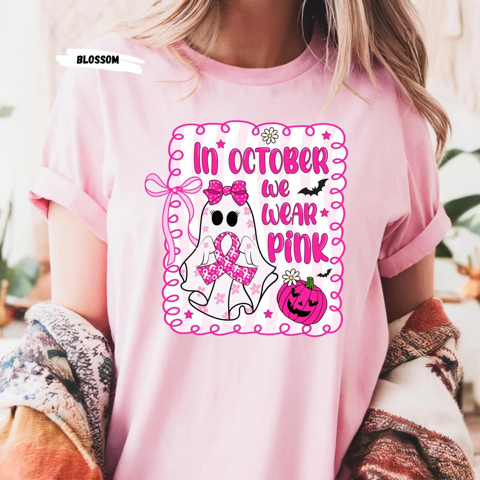 Comfort Colors Halloween Ghost Tee: Breast Cancer Awareness Ribbon Shirt