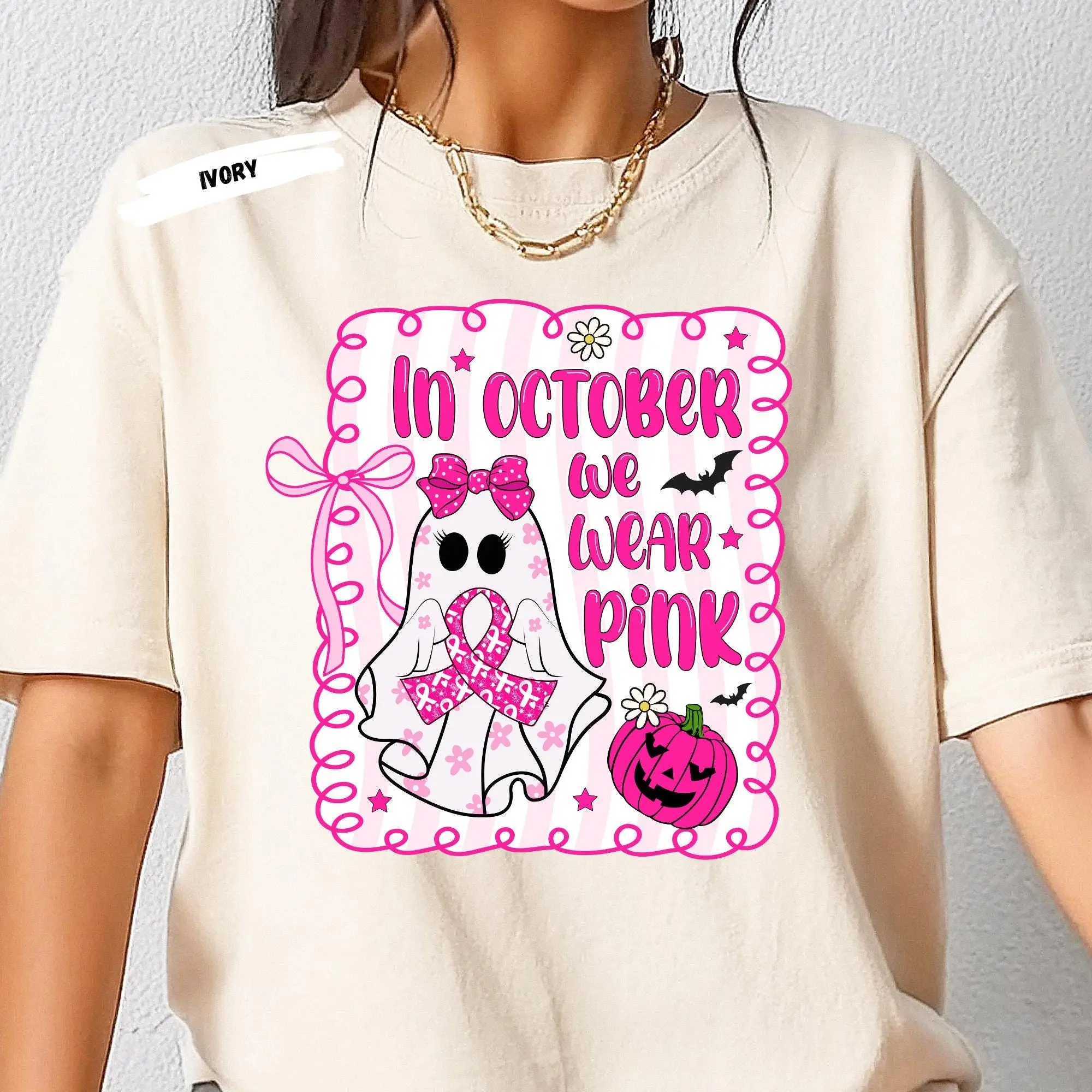 Comfort Colors Halloween Ghost Tee: Breast Cancer Awareness Ribbon Shirt - photo 2