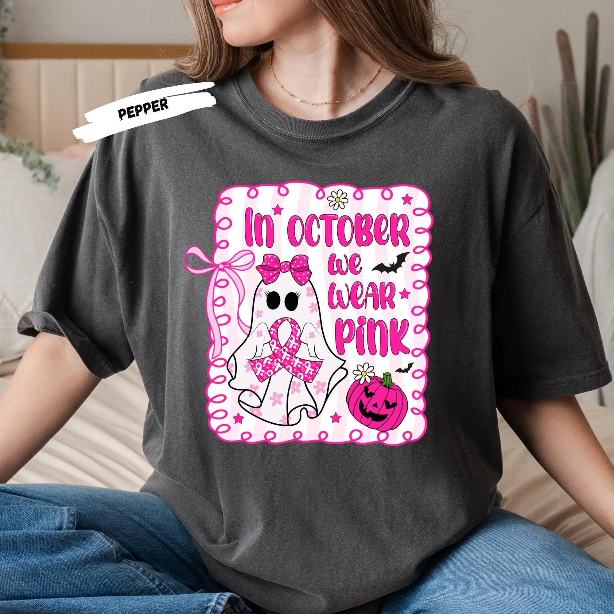 Comfort Colors Halloween Ghost Tee: Breast Cancer Awareness Ribbon Shirt - photo 3