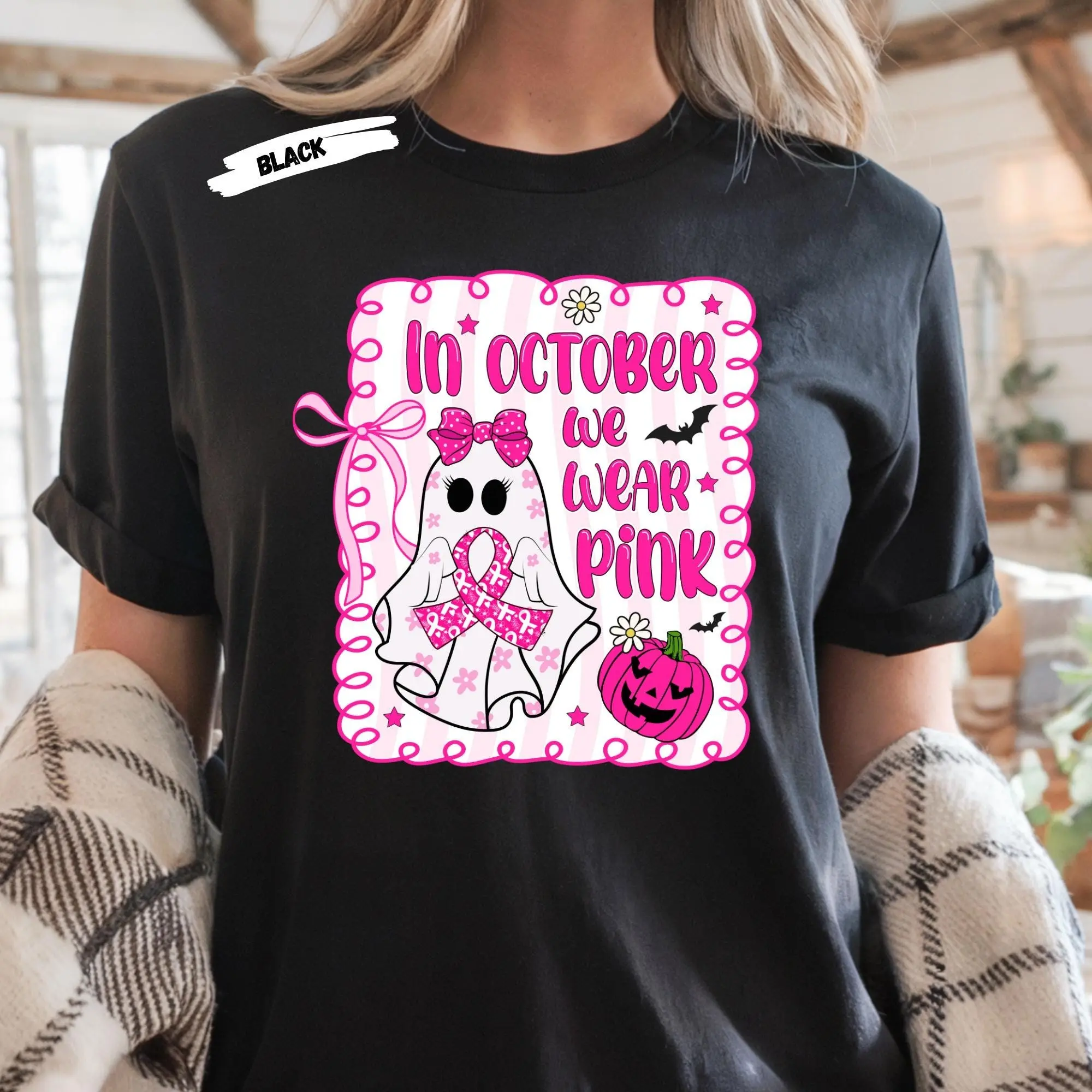 Comfort Colors Halloween Ghost Tee: Breast Cancer Awareness Ribbon Shirt - photo 4