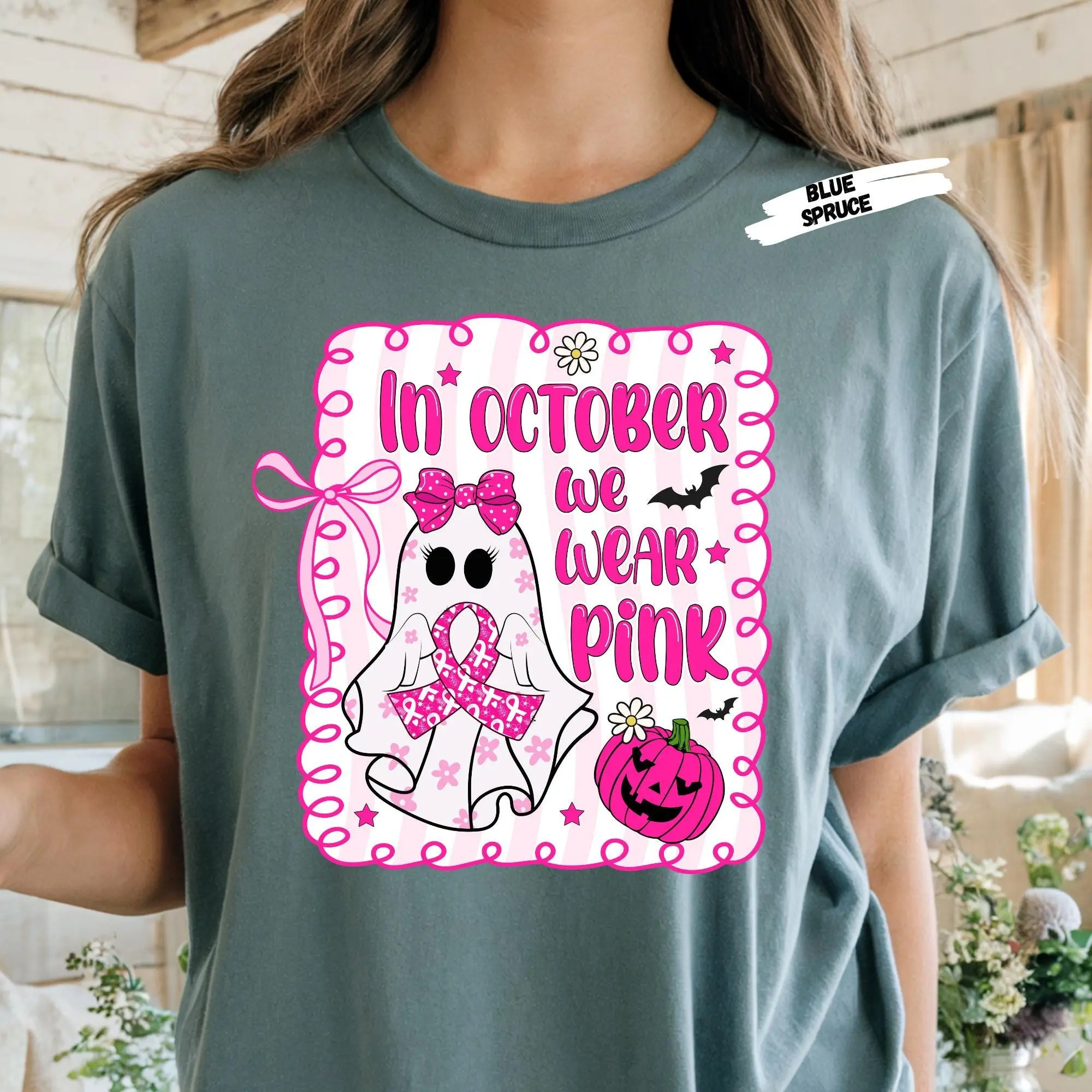 Comfort Colors Halloween Ghost Tee: Breast Cancer Awareness Ribbon Shirt - photo 5